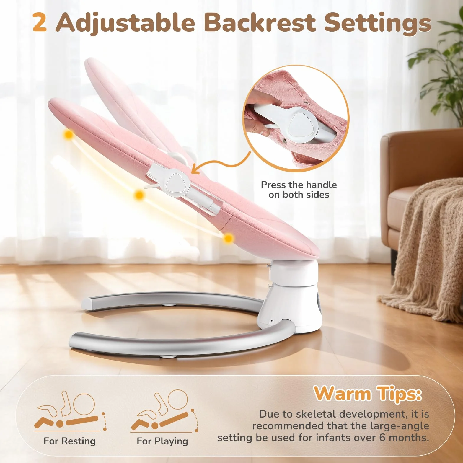 Balançoire Électrique pour Bébé Transat avec Dossier Réglable 2 Niveaux, Bluetooth, 12 Sons, Télécommande, 2 Alimentations (Rosa)