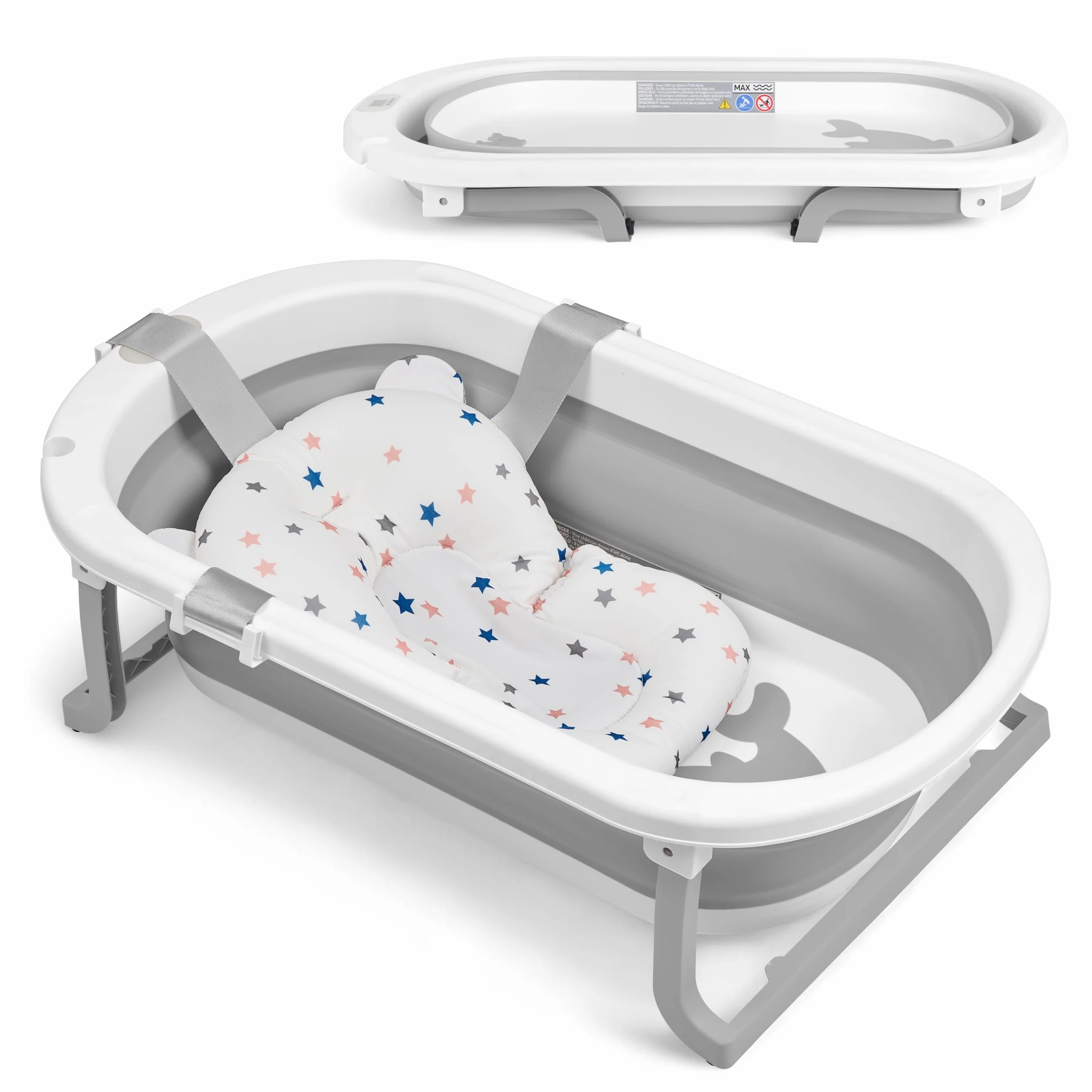 KikkaBoo Baignoire Bébé WILLY Pliable avec Thermomètre Intégré, Coussin Doux, Antidérapant, Matériau Non Toxique, Gris
