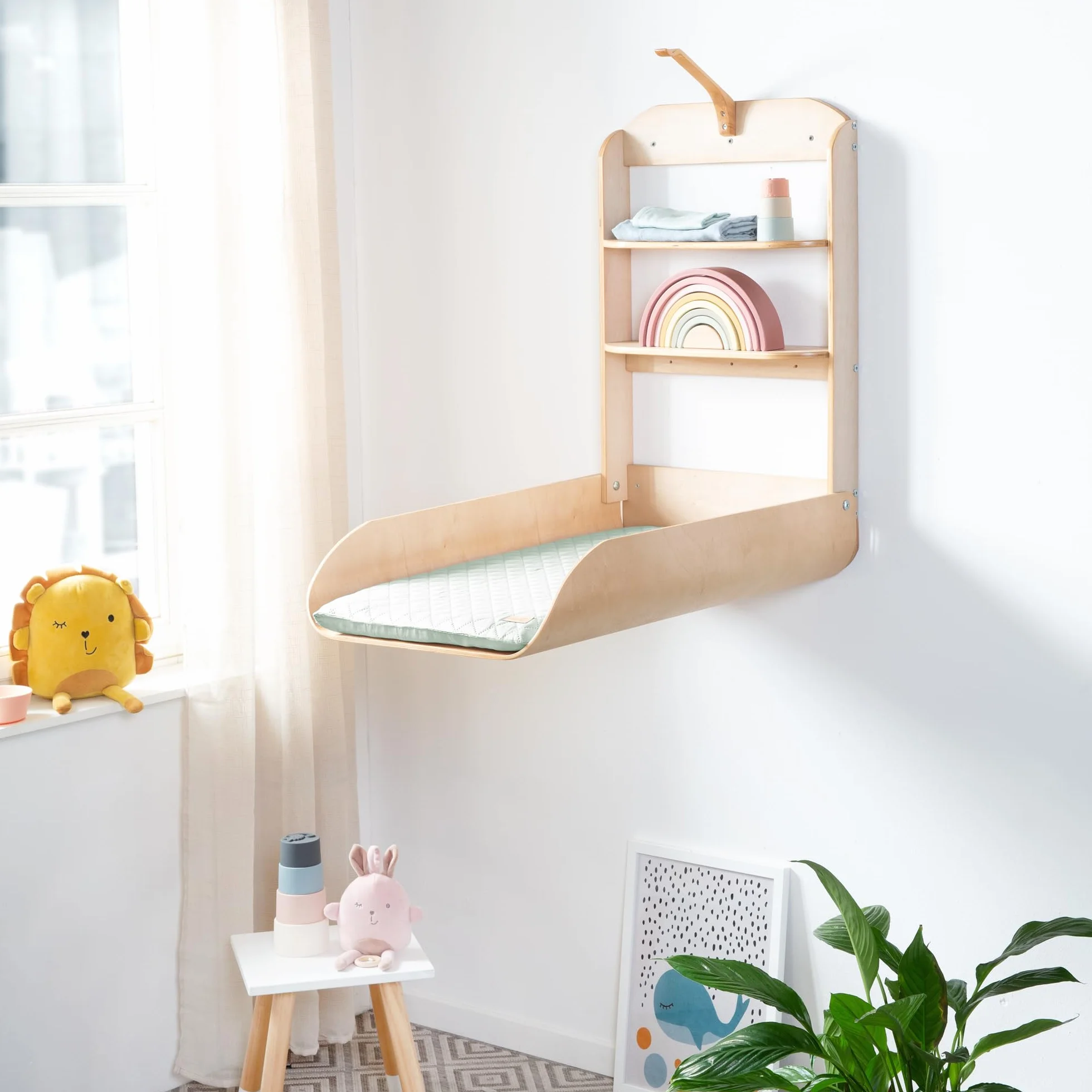 roba Table à Langer Murale Rabattable en Bois Naturel Vert Givré avec Matelas Imperméable et 2 Étagères