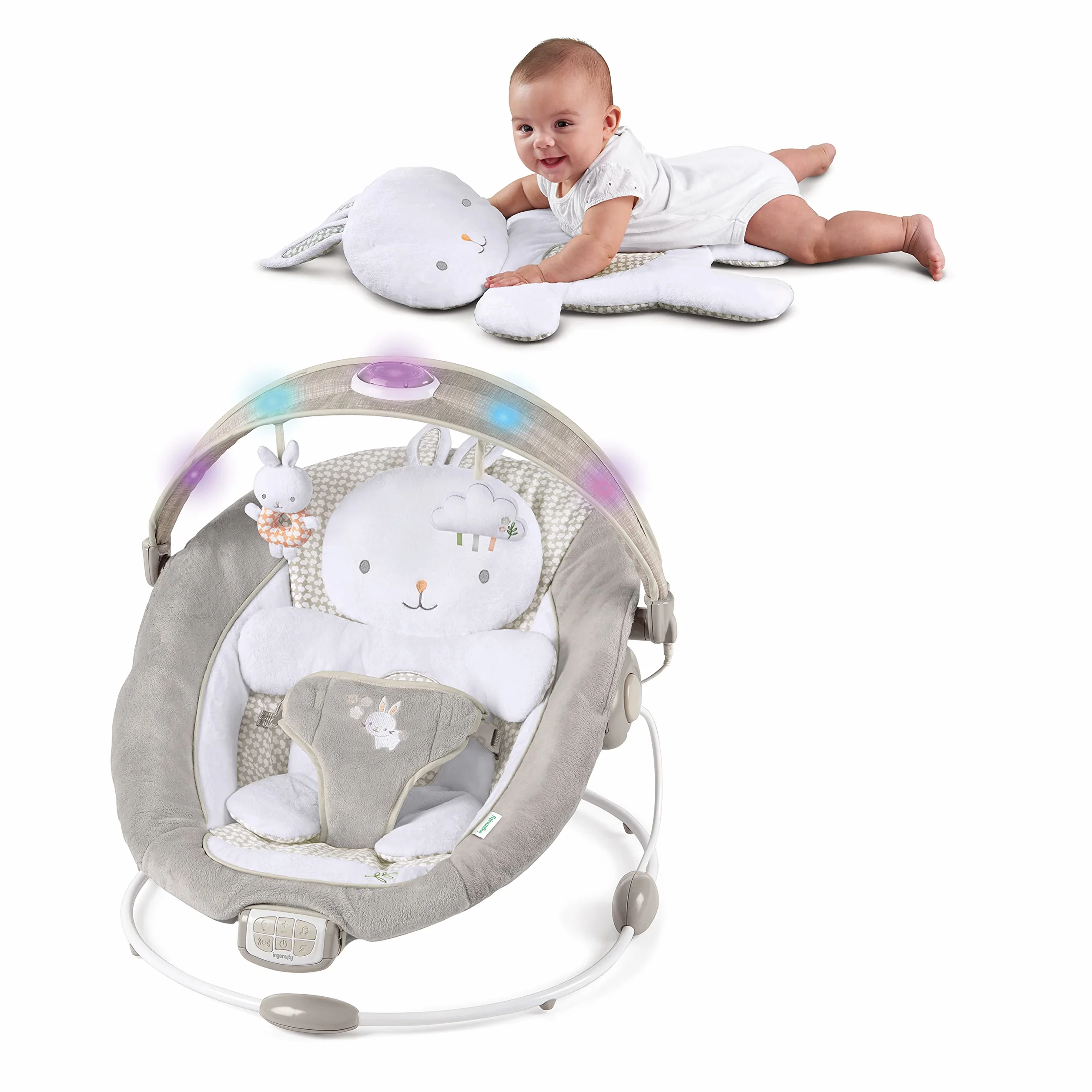 Ingenuity Transat et Siège Sauteur Twinkle Tails 7 Mélodies Vibrations Apaisantes Arche Lumière Jeu Amovible 2 Jouets D’Activités Ultra-Doux Dès Naissance 9 kg