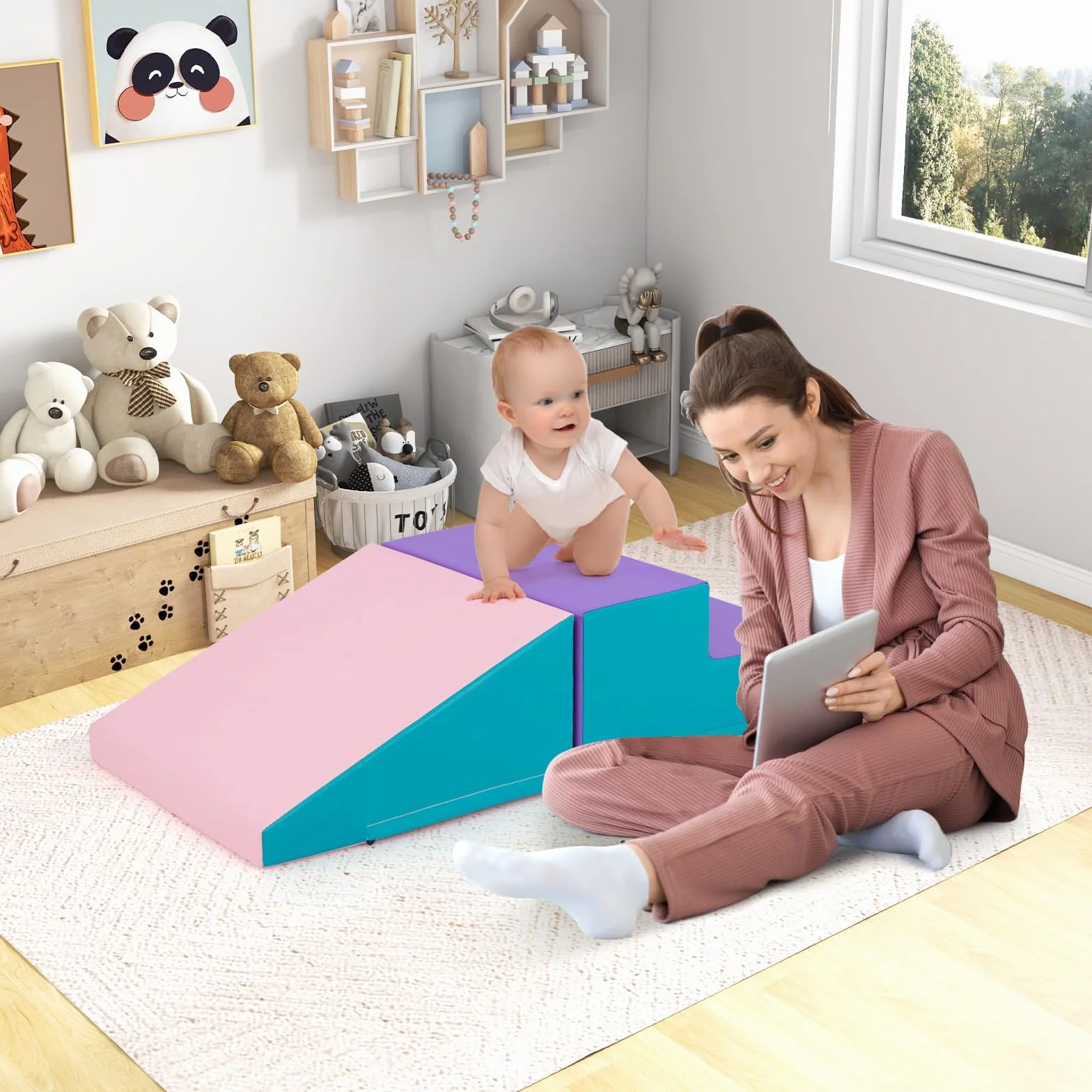 COSTWAY Parcours Motricité Bébé en Mousse avec Housse Amovible en PU, Module avec Marche & Toboggan, Jouets Éducatifs pour Ramper Grimper Enfant