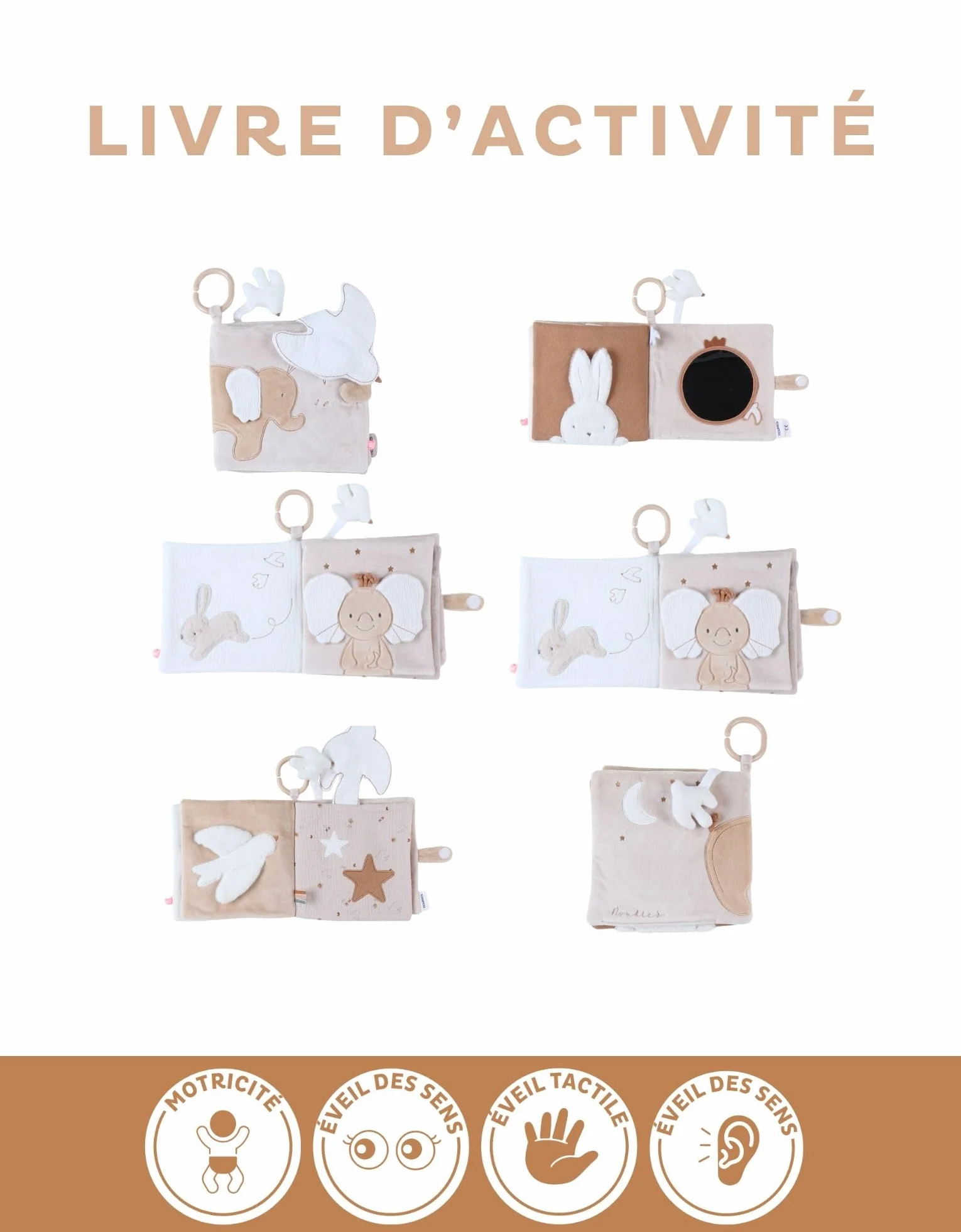 Noukie's Livre d'activités en peluche Bali Moka & Snow Jouet d'éveil pour bébé