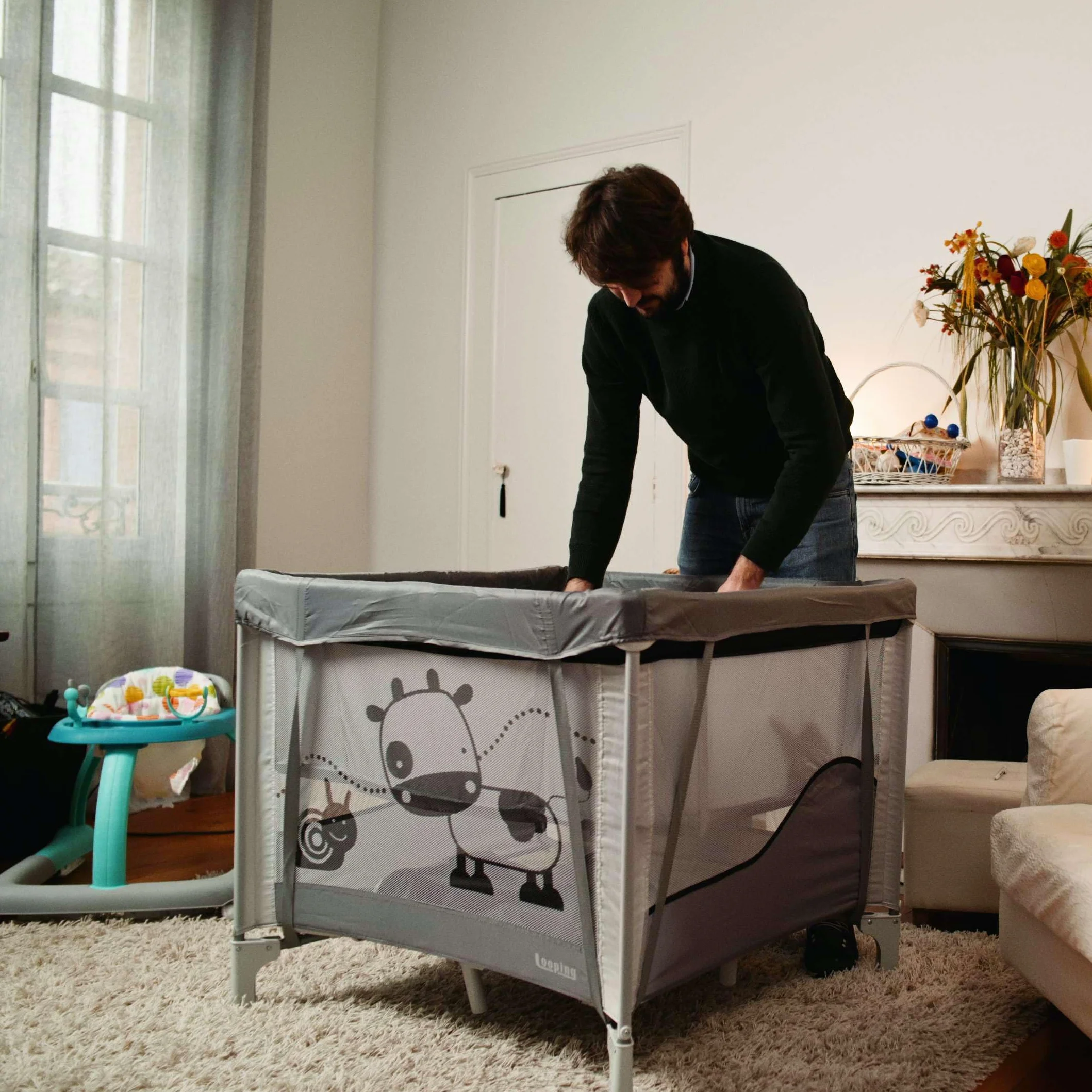 Looping Parc Bébé Pliable 90 x 90 cm Black Emotion avec Réhausseur Réglable 2 Niveaux, Sac de Transport Inclus, jusqu'à 15kg