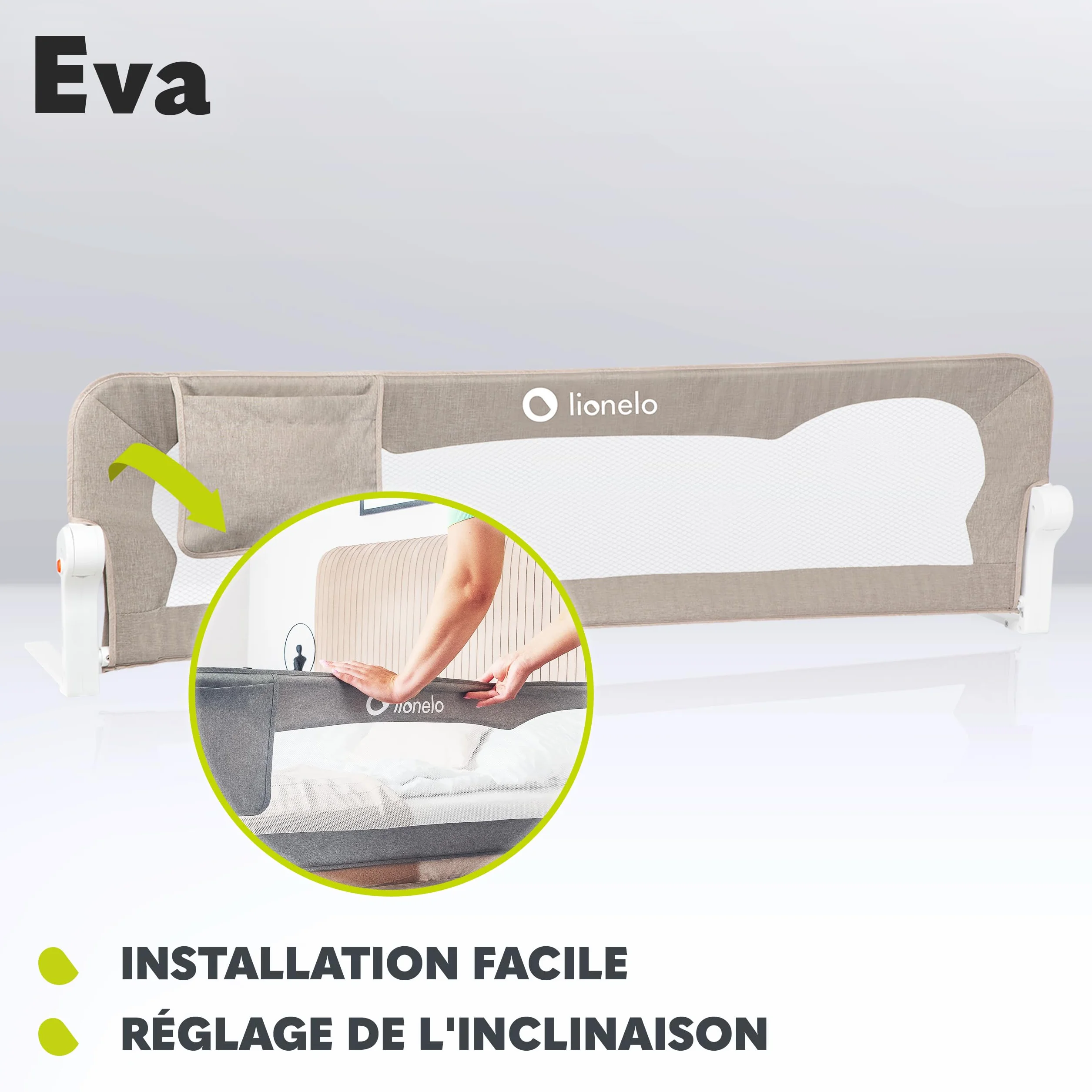 Lionelo Eva Barrière de Lit 150cm x 42cm Pliage 180° Anti-Chute Ceintures Sécurité Cadre Métal Pliable Beige