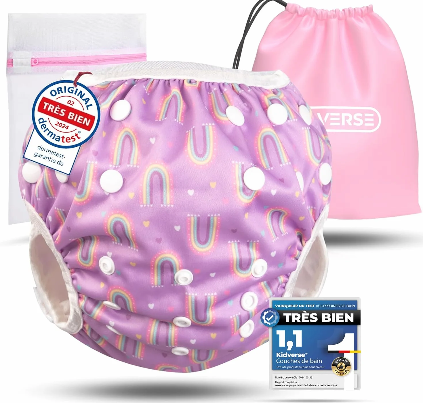 KIDVERSE Couche de Bain Bébé 0-3 Ans Réglable Réutilisable Lavable avec Pochette Fille Garçon