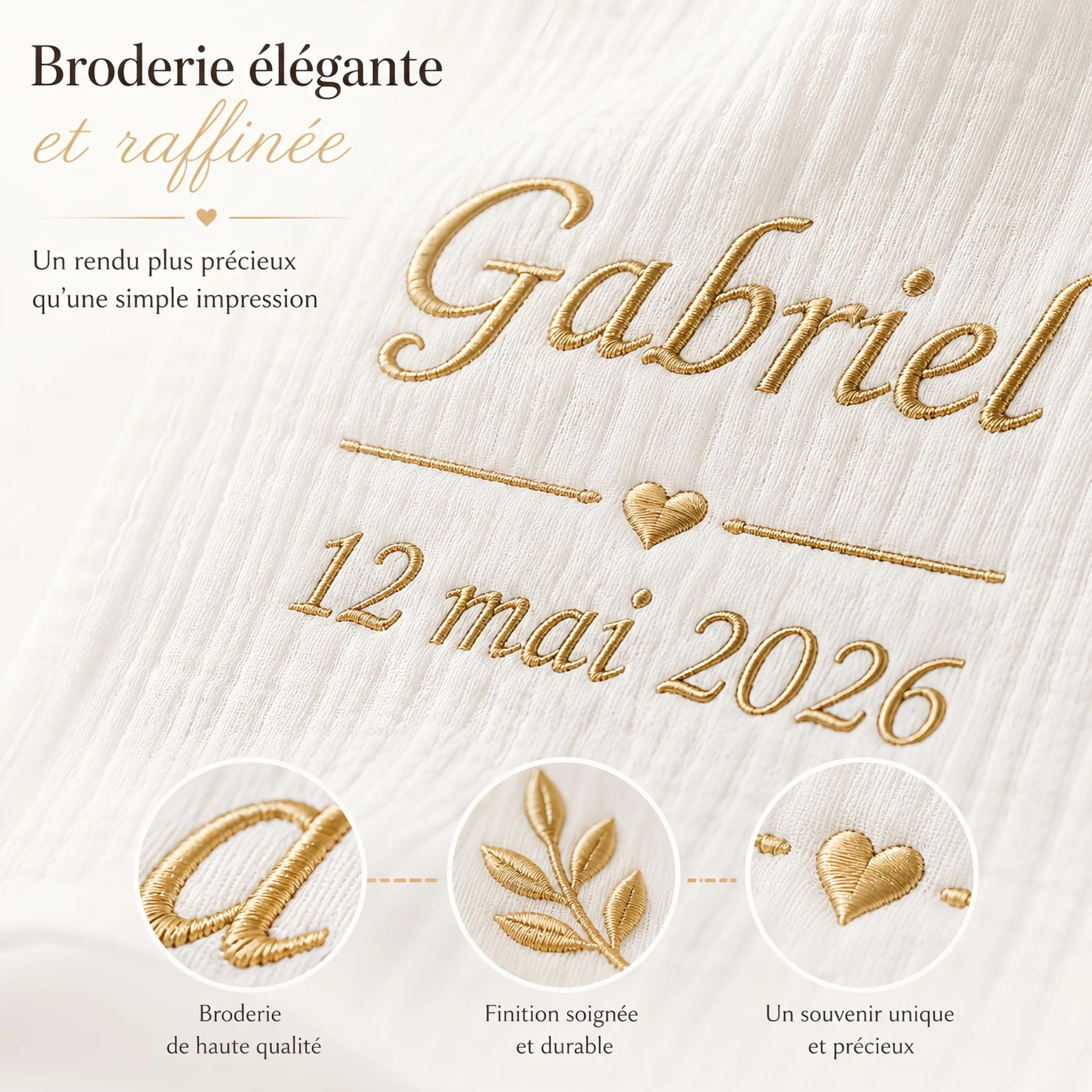 Écharpe de Baptême Personnalisée Bébé Double Gaze de Coton Brodée Prénom Date Blanche Douce Légère Cadeau Coffret
