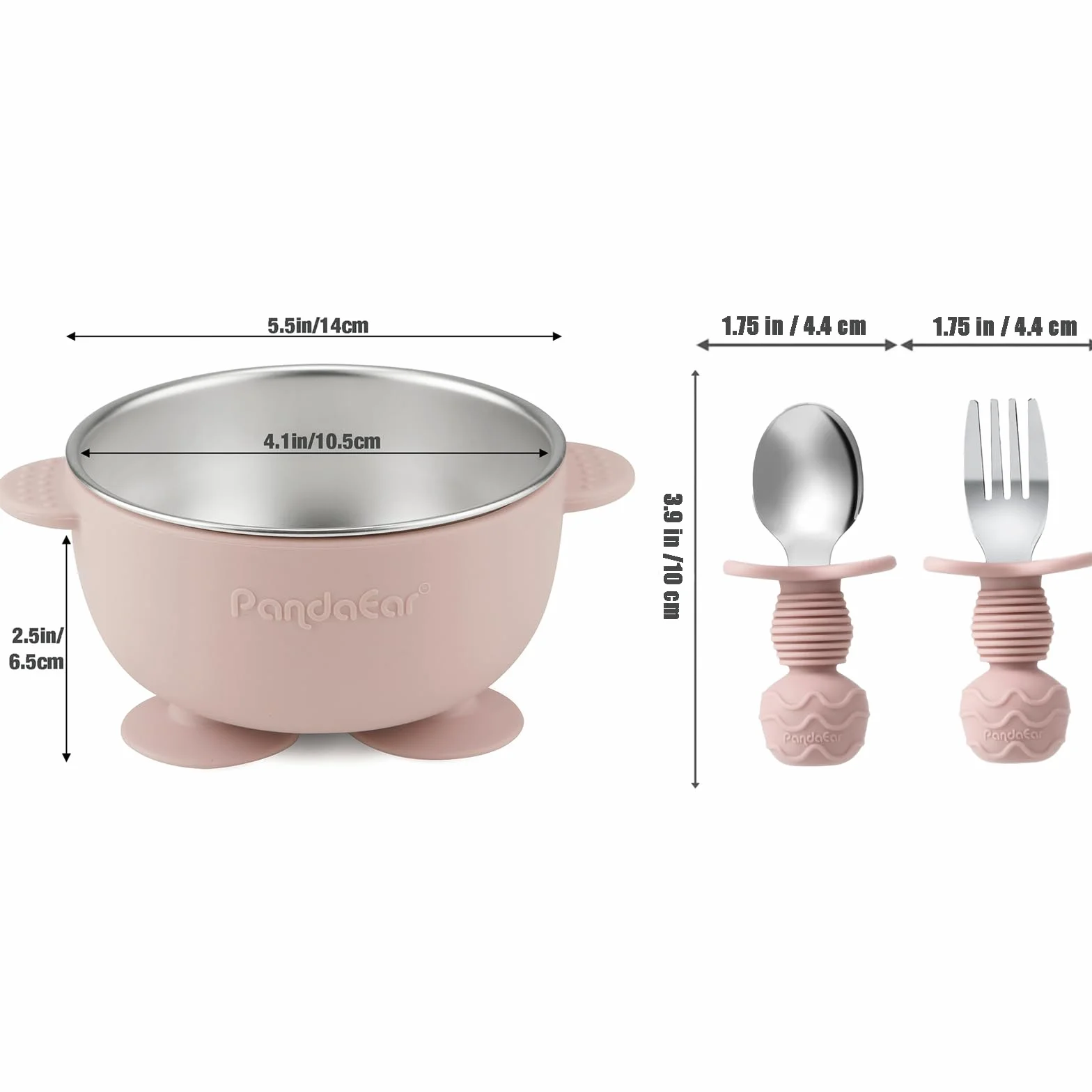 PandaEar Assiettes et Bols à Ventouse en Acier Inoxydable pour Bébé, Lot de 8 avec Cuillère et Fourchette en Silicone, DME (Rose & Bleu)