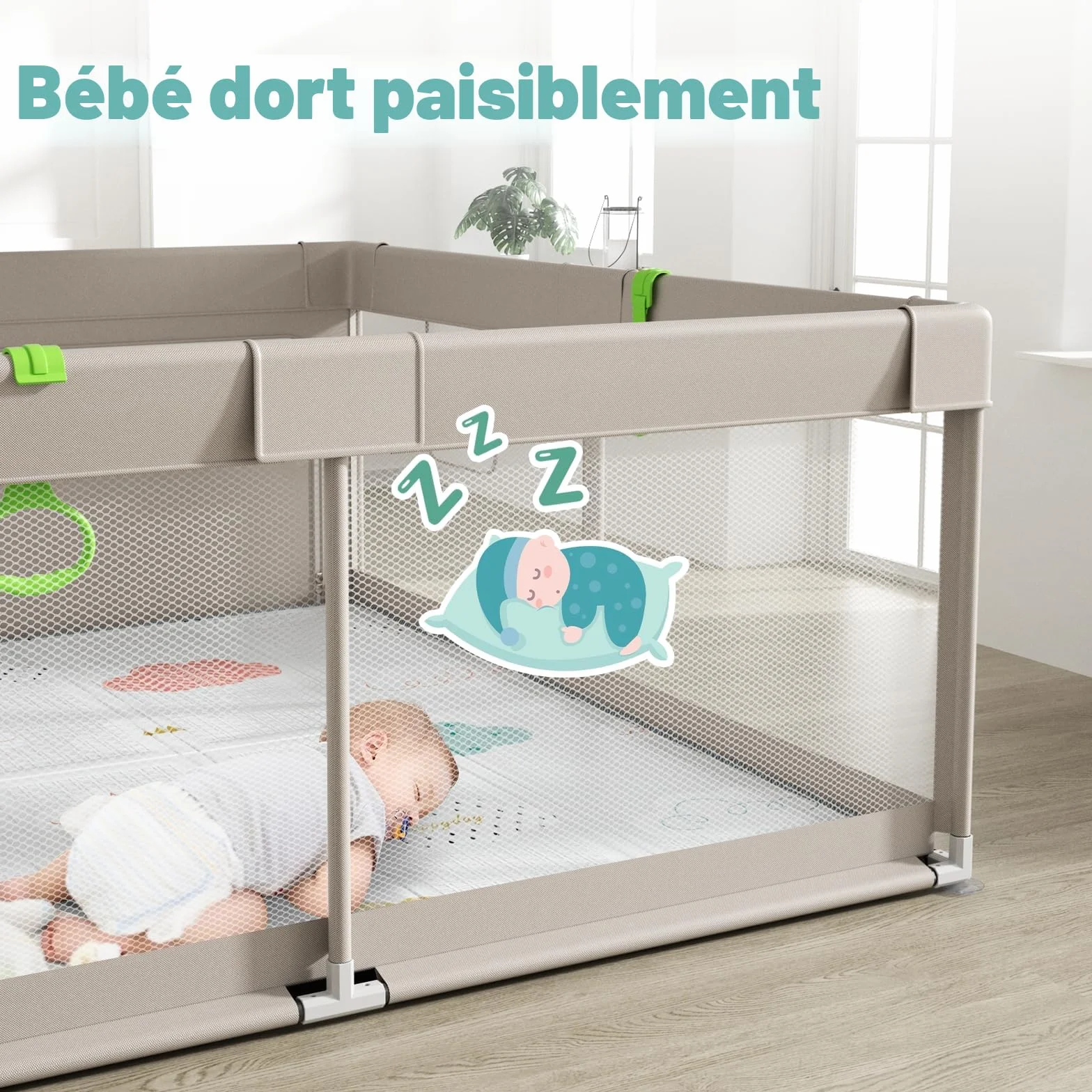 Parc bébé 150 x 150 cm avec tapis, fermeture éclair, 4 anneaux de traction, aire de jeu sécurisée intérieur extérieur