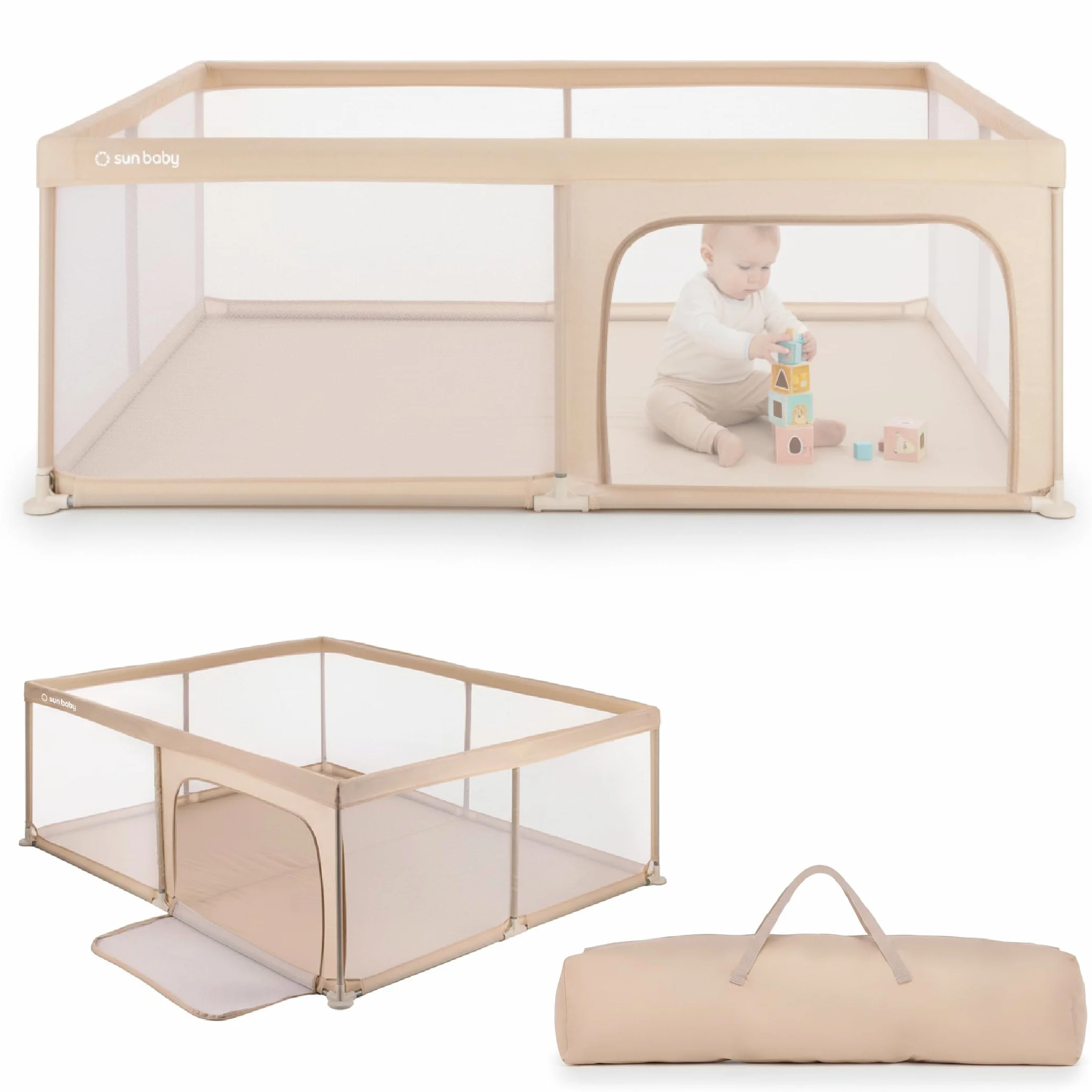 Sun Baby Parc Enfant 150x200 cm Beige Polyester Filet Zippé Antidérapants Sac Transport Métal