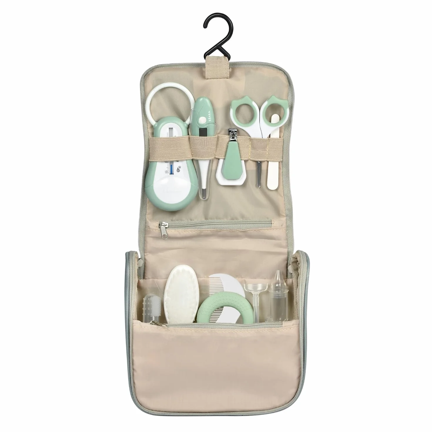 BÉABA Trousse de Toilette Bébé Nomade 10 Accessoires Soins Crochet Rotatif Compact Double Zip Vert Sauge