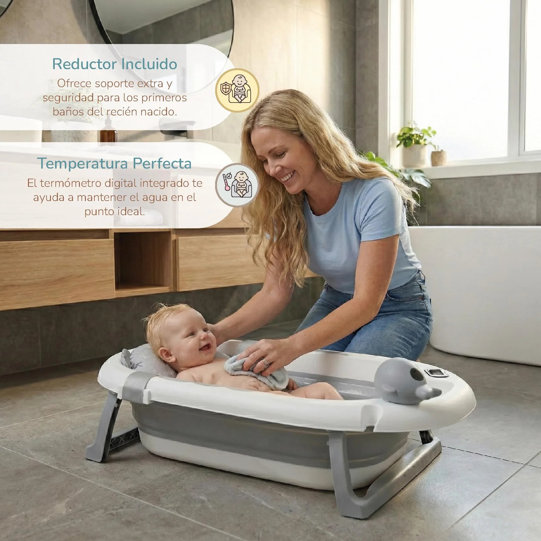 Buddy Baby Baignoire Pliable BébéSplash avec Contrôle de Température Coussin réducteur amovible Base antidérapante