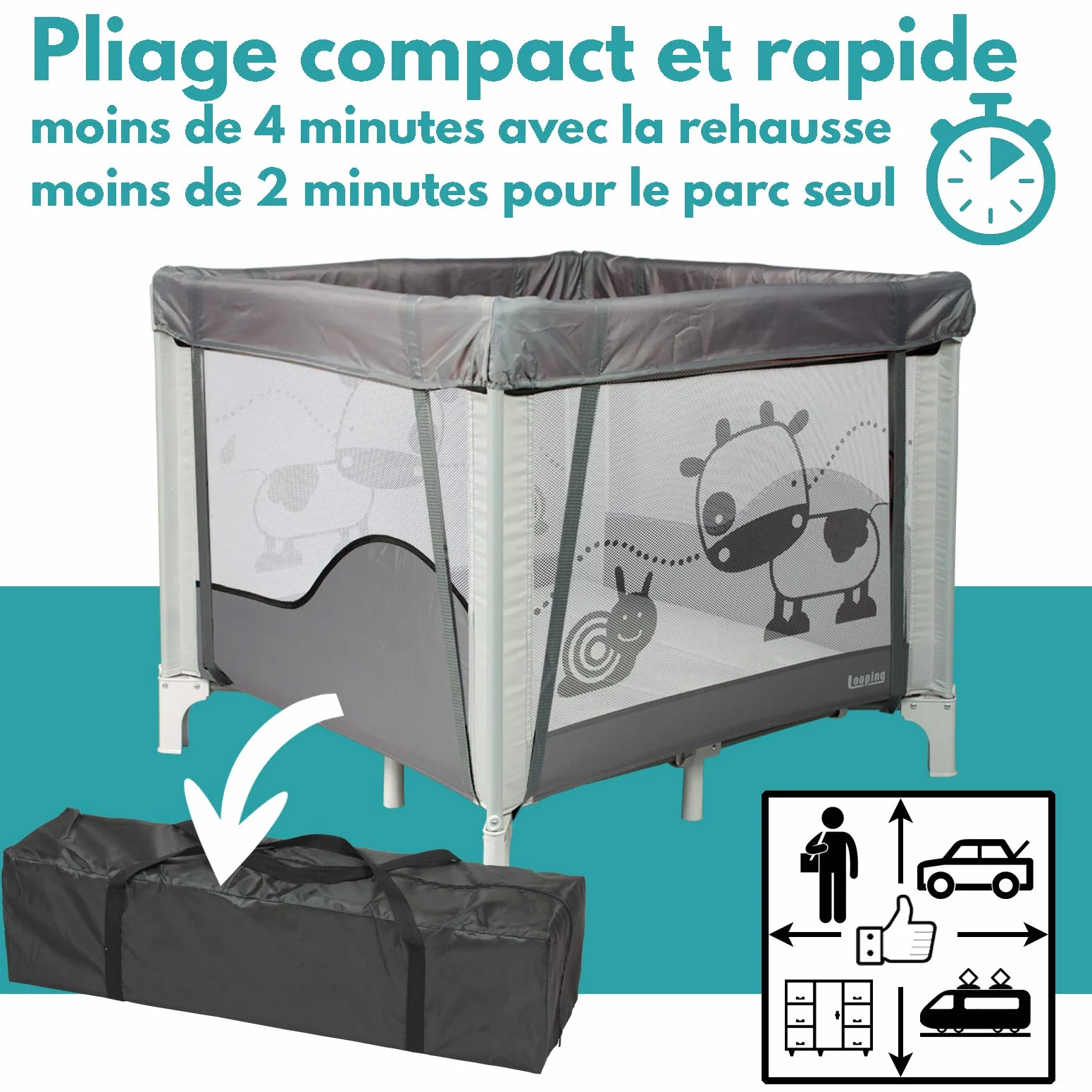 Looping Parc Bébé Pliable 90 x 90 cm Black Emotion avec Réhausseur Réglable 2 Niveaux, Sac de Transport Inclus, jusqu'à 15kg