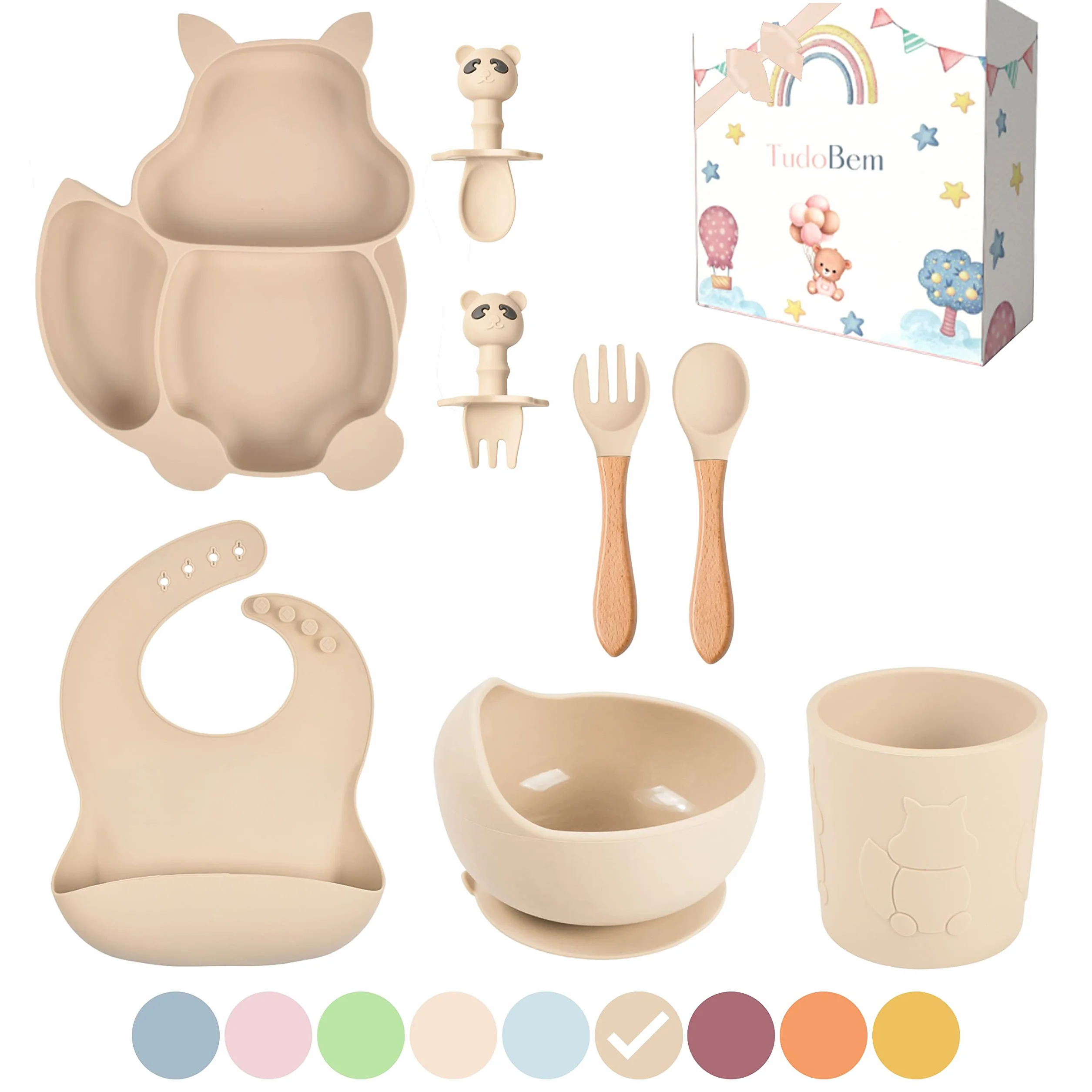 TudoBem Coffret Repas Bebe Accessoire 8 Pièces Set Vaisselle Bebe 1er age Assiette Bebe Bol Ventouse Bébé Cadeau Bebe Garcon Vaisselle Enfant Complete Beige