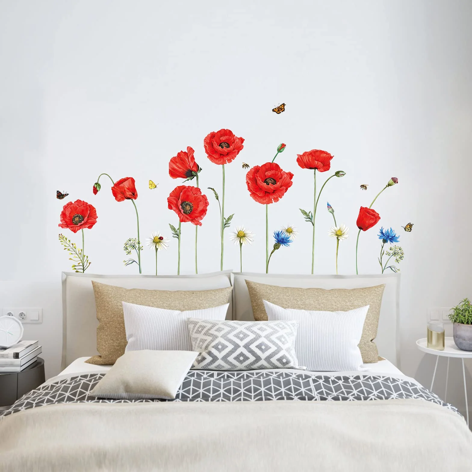 Decalmile Autocollant Mural Coquelicots Rouges Fleur Papillon Décoration Murale Chambre Salon