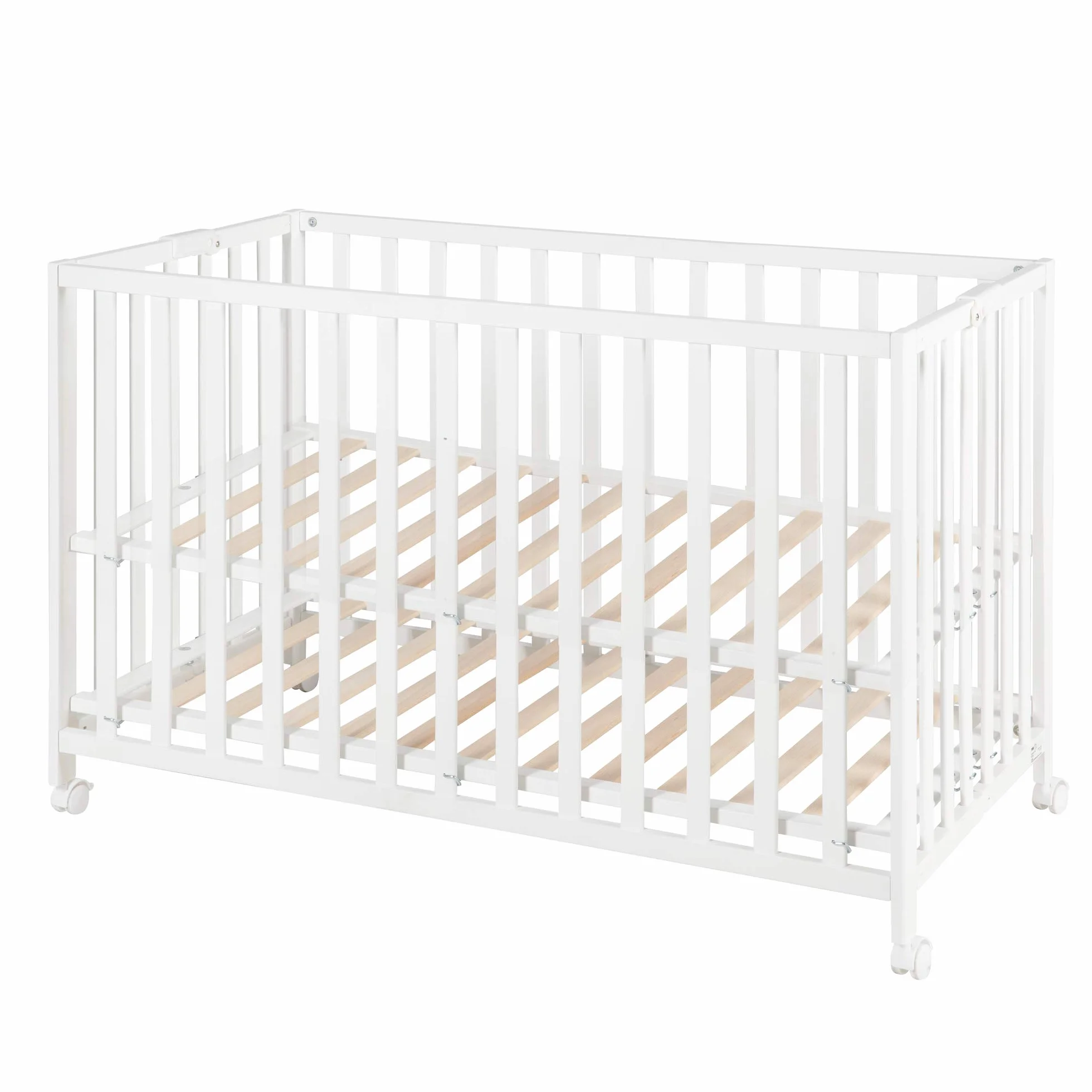 roba Lit Bébé Pliant en Hêtre Fold Up 60x120 cm avec Roulettes à Freins Blanc