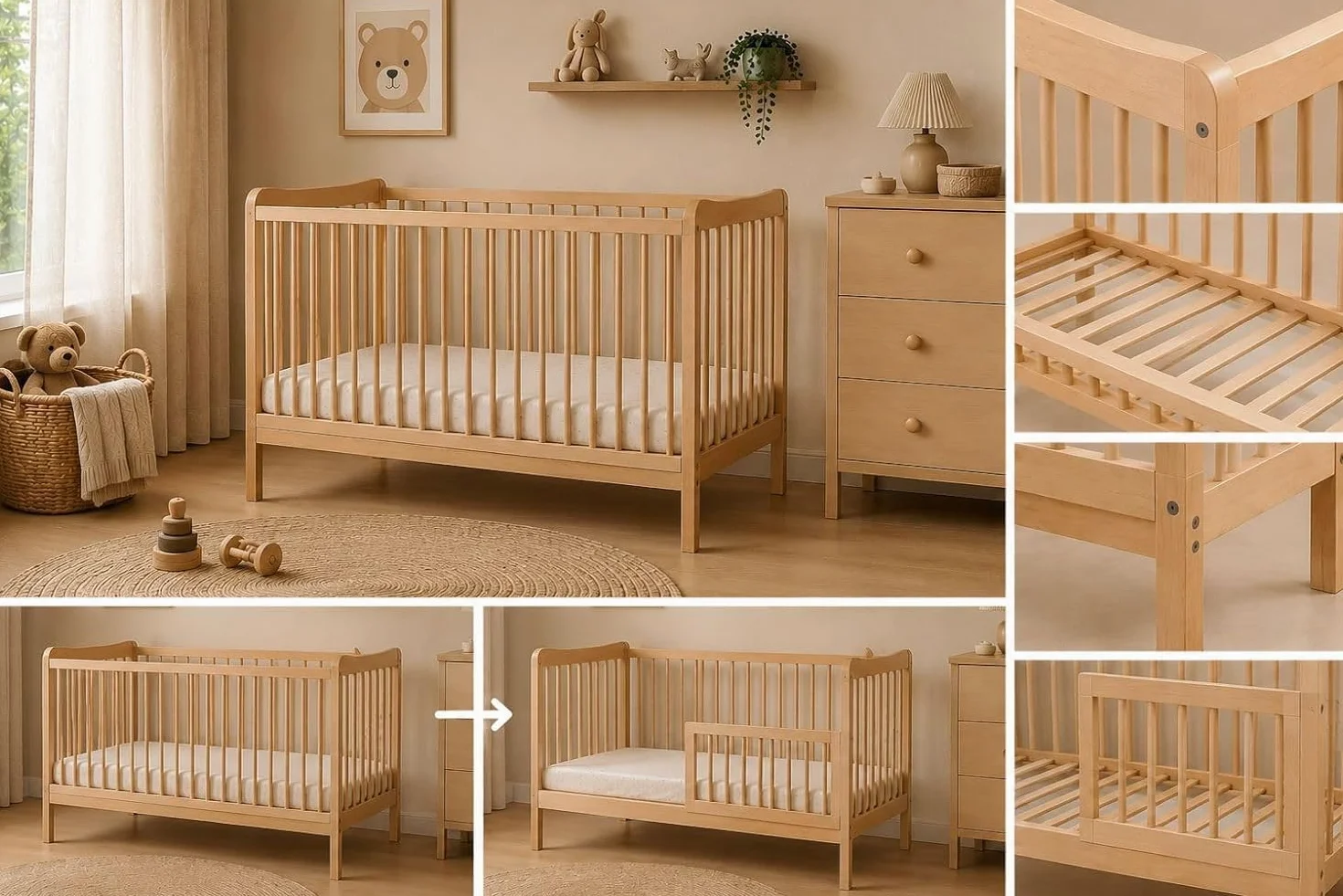 Lit bébé Sasha 120x60 cm Bois de hêtre Transformable lit Junior barrière sécurité 3 positions