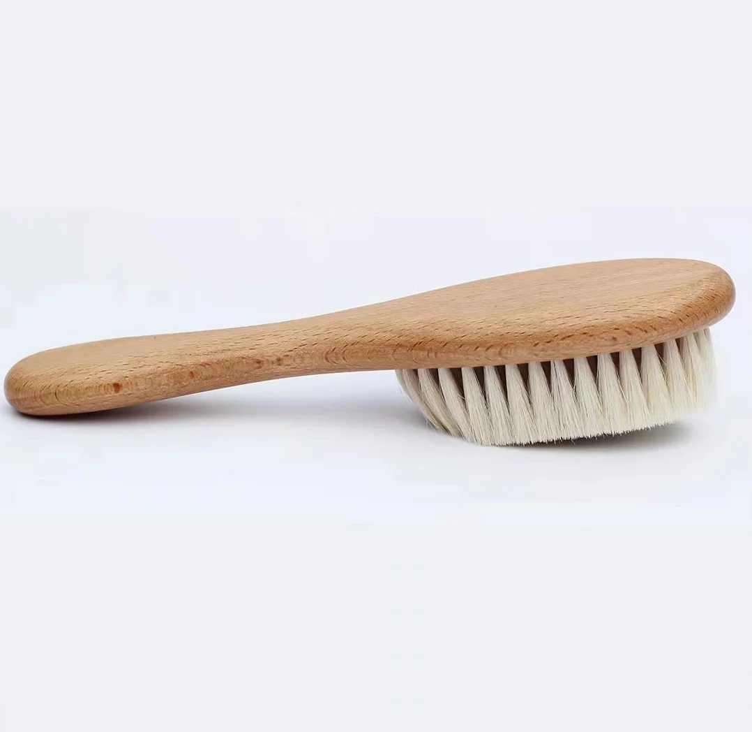 Brosse à cheveux pour bébé en bois et poils de chèvre super doux, marron