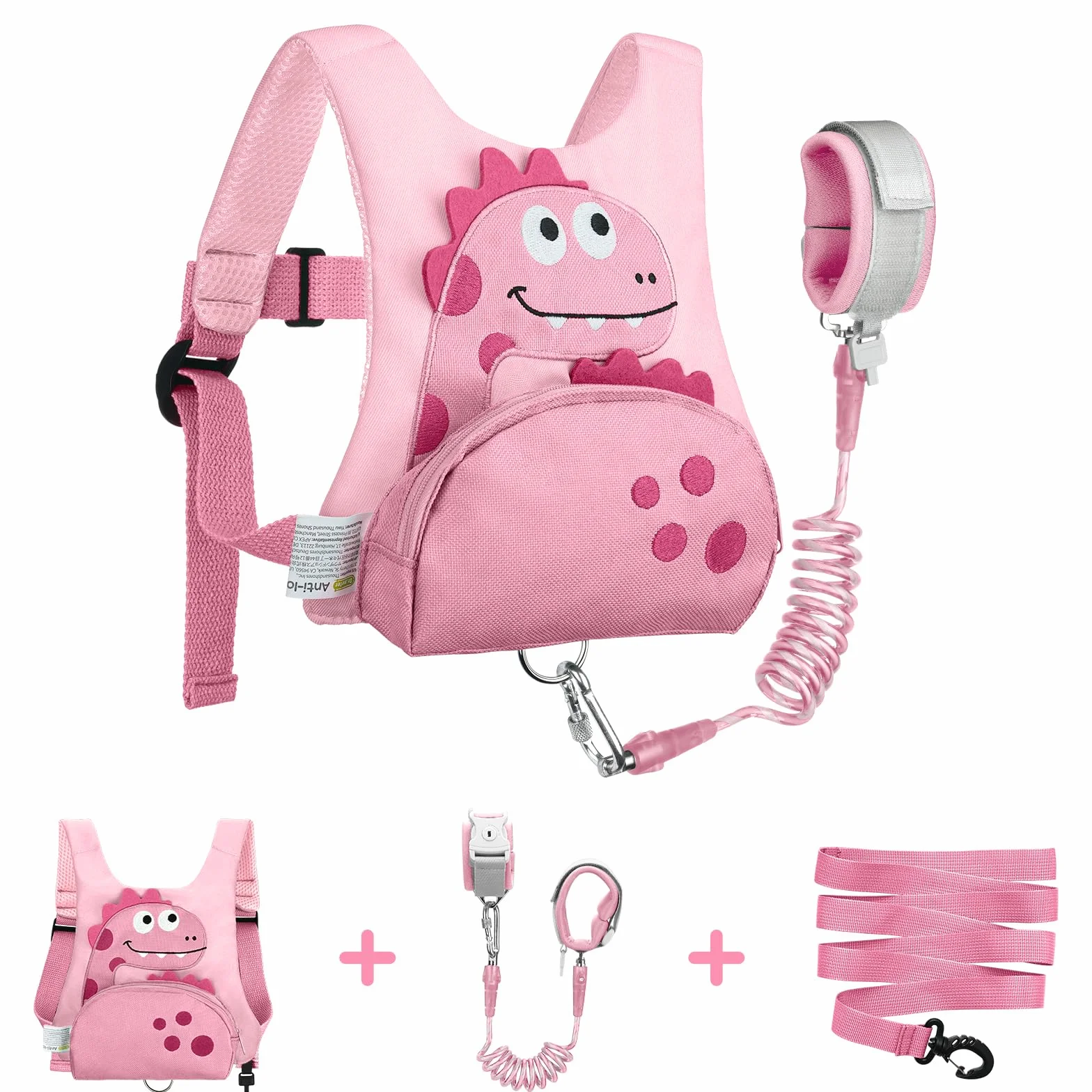 Dr.meter Laisse Enfant 3 en 1 Sac à Dos Anti-Perte Rotative 360° 1,2M Rose Dinosaure Sécurité Extérieur