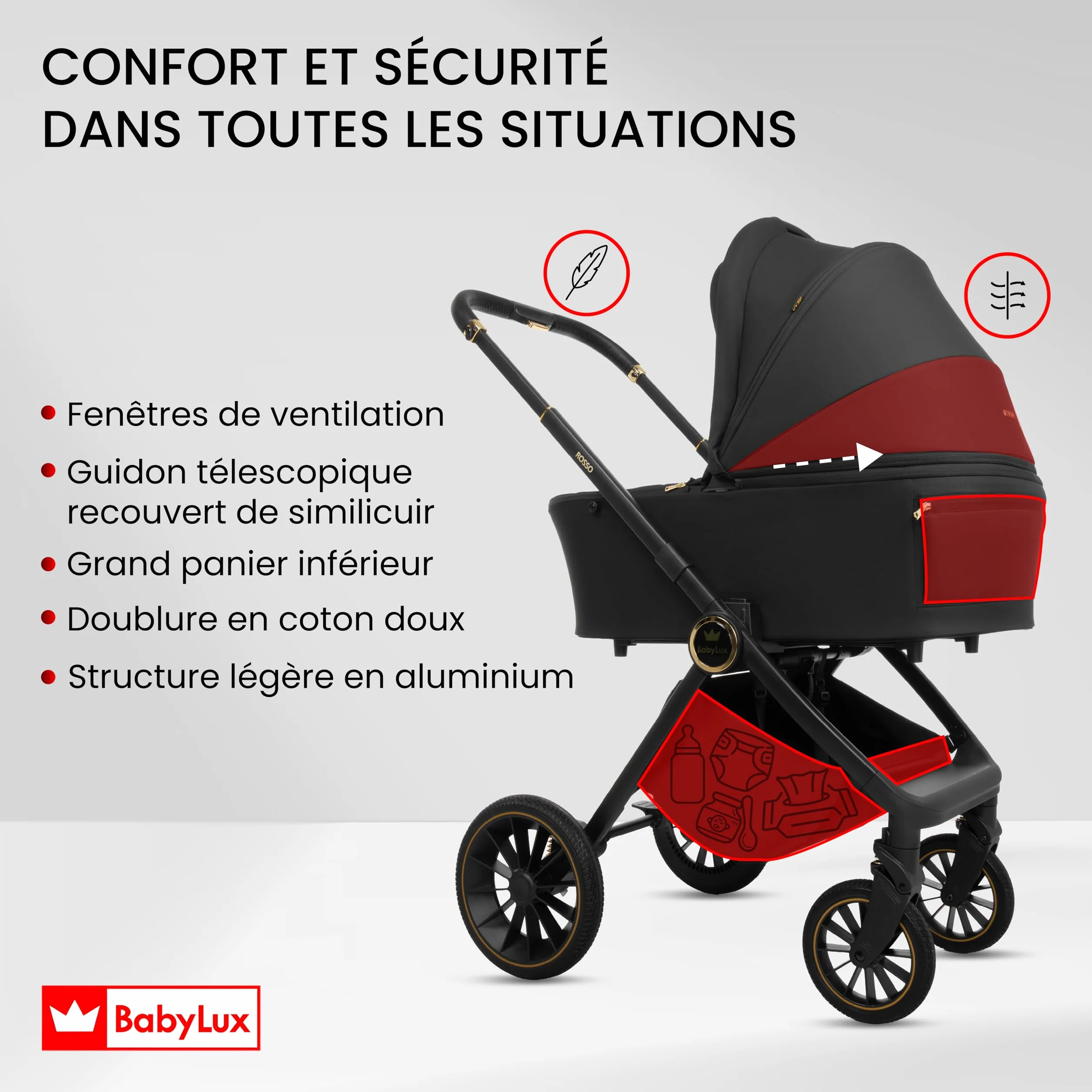BabyLux Poussette 3en1 Set Rosse, Pliable Léger Poussettes Combinées Baignoire Bébé, Buggy Siège Sport, Coque Bébé I-Size, 4 Positions Couchage, 0-22kg