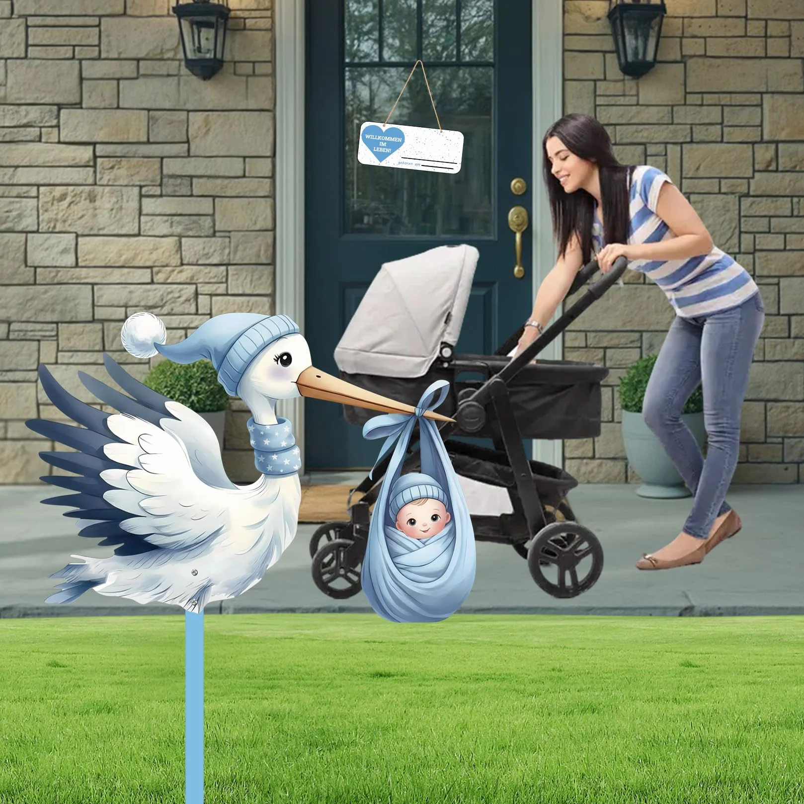 Cigogne à Clapette Naissance Bébé Imprimé Deux Faces Bâton Bois Plaque Nominative Intérieur Extérieur Cadeau (Bleu)