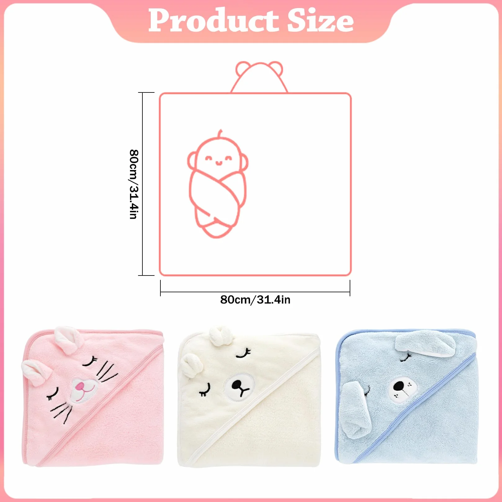 Serviette de Bain Bébé 3 Pièces 80x80cm Douce Absorption Forte Lavable Machine 0-5 Ans