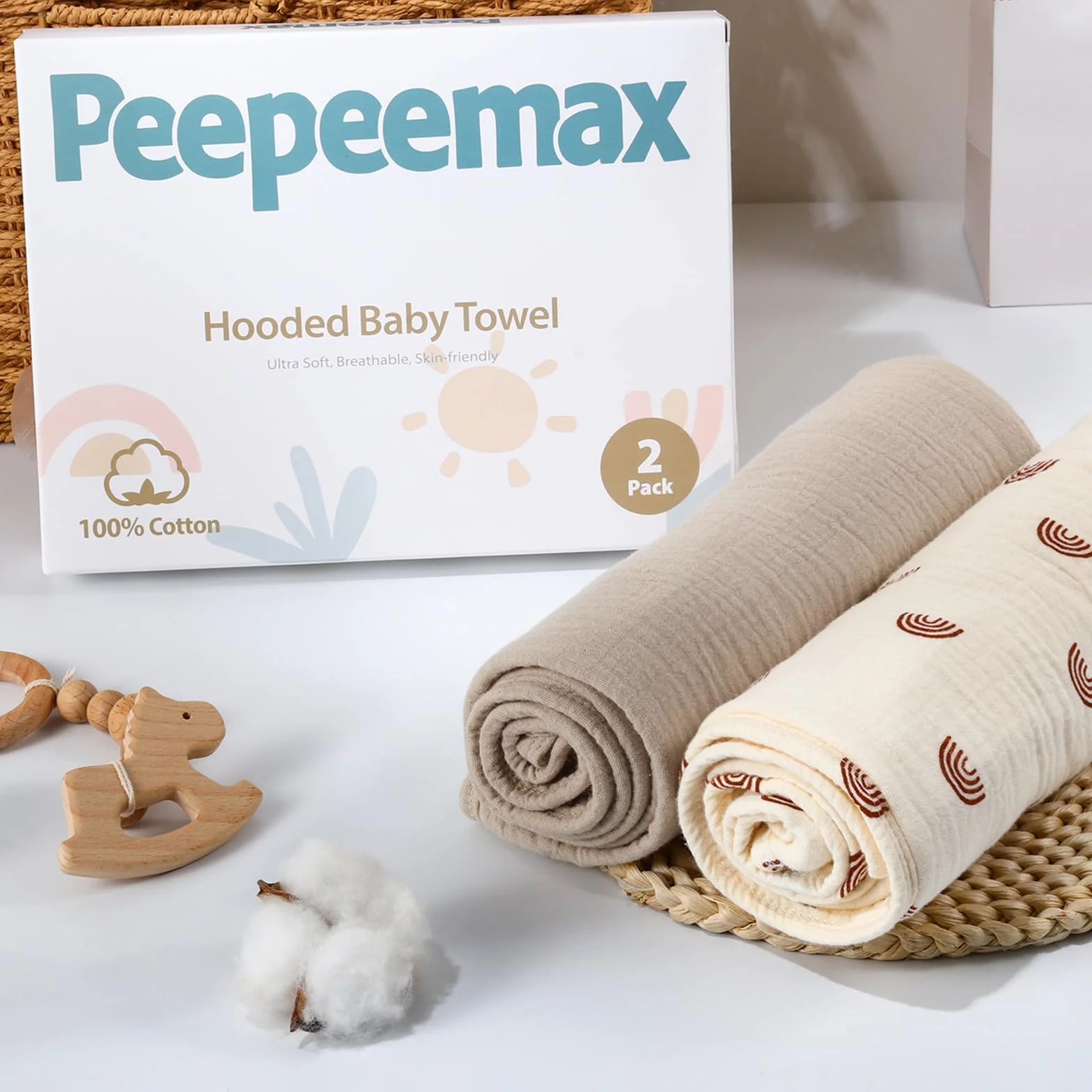 Serviette de Bain Bébé avec Capuche 76 x 76 cm Mousseline de Coton Lot de 2