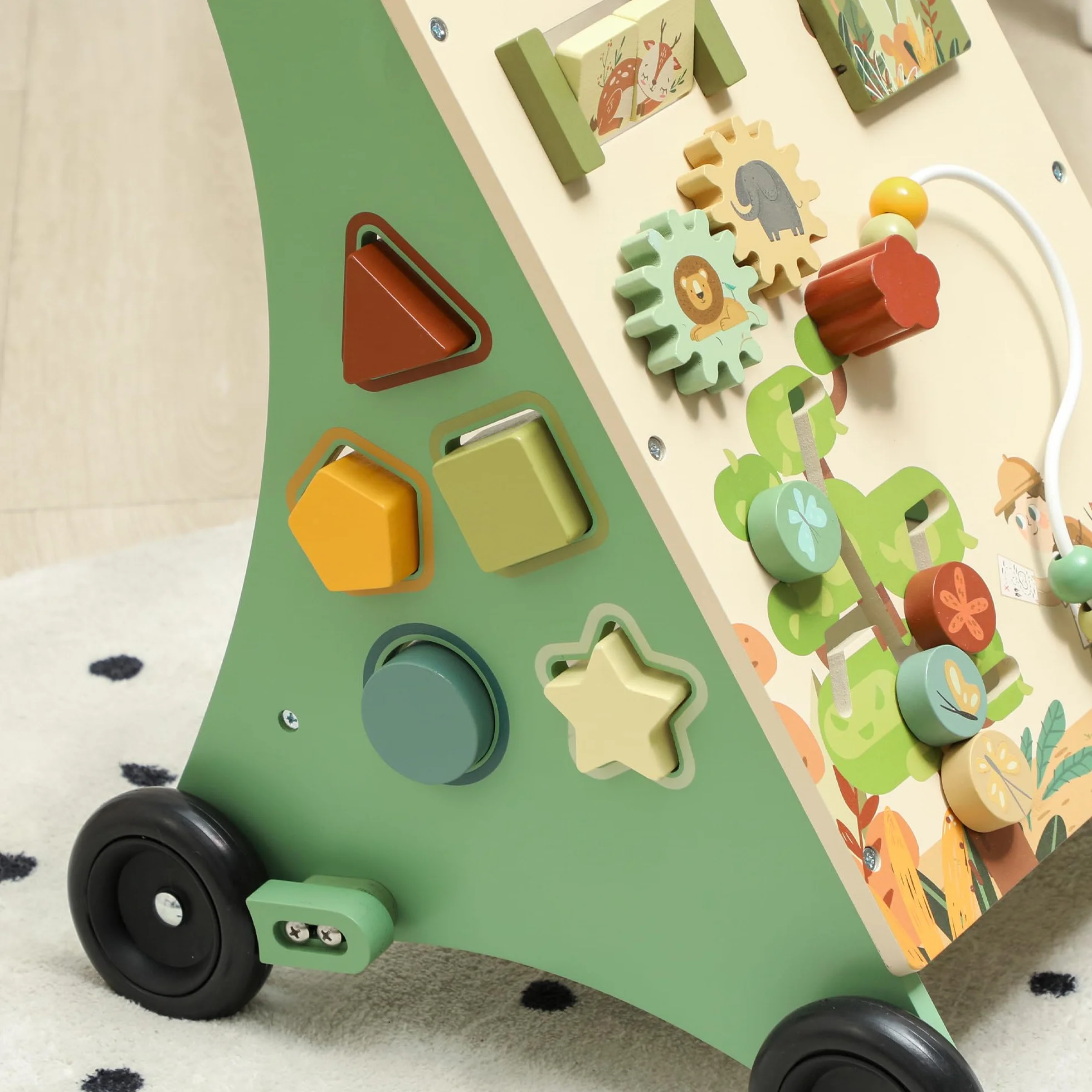 AIYAPLAY Trotteur en bois bébé contrôle vitesse centre activités xylophone engrenages labyrinthe perles chariot marche 18+ mois vert