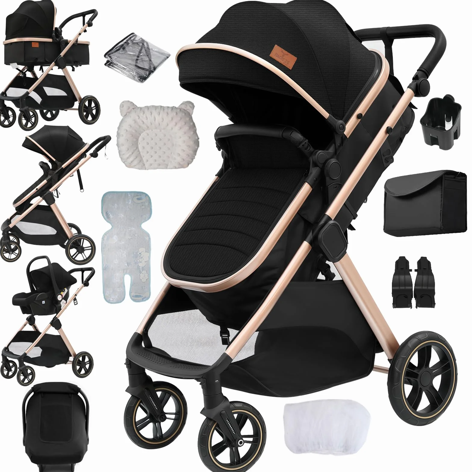 Poussette 3 en 1 Système de Voyage Pliable Pneus Caoutchouc 0-4 Ans