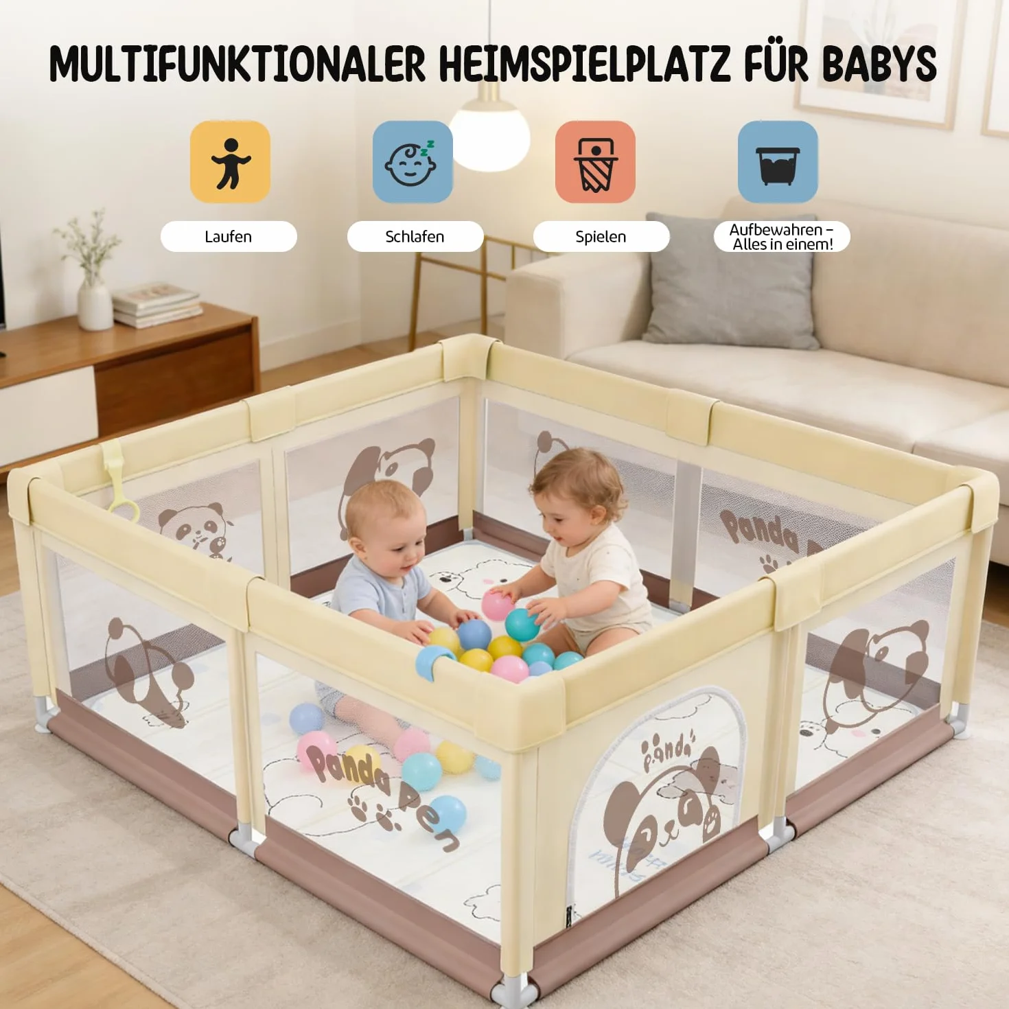 Parc Bébé 120x120 avec Tapis, 40 KG, 300D Tissu Oxford, Ventouse Base, 360° Filet Respirant, Centre d'Activités Enfants, Panda beige