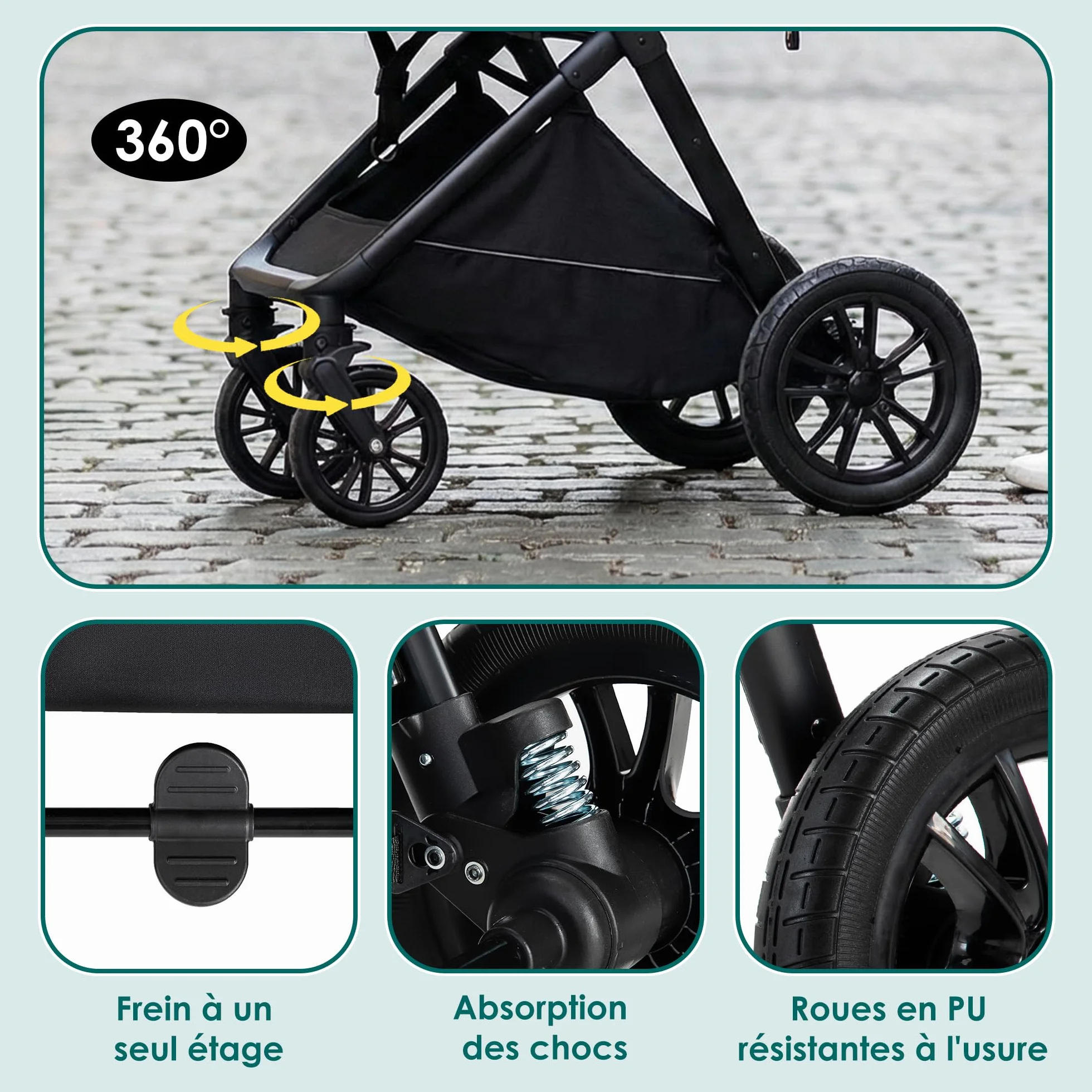 Poussette 3 en 1 Siège Auto Léger Bébé Pliable 0-36 Mois Kaki