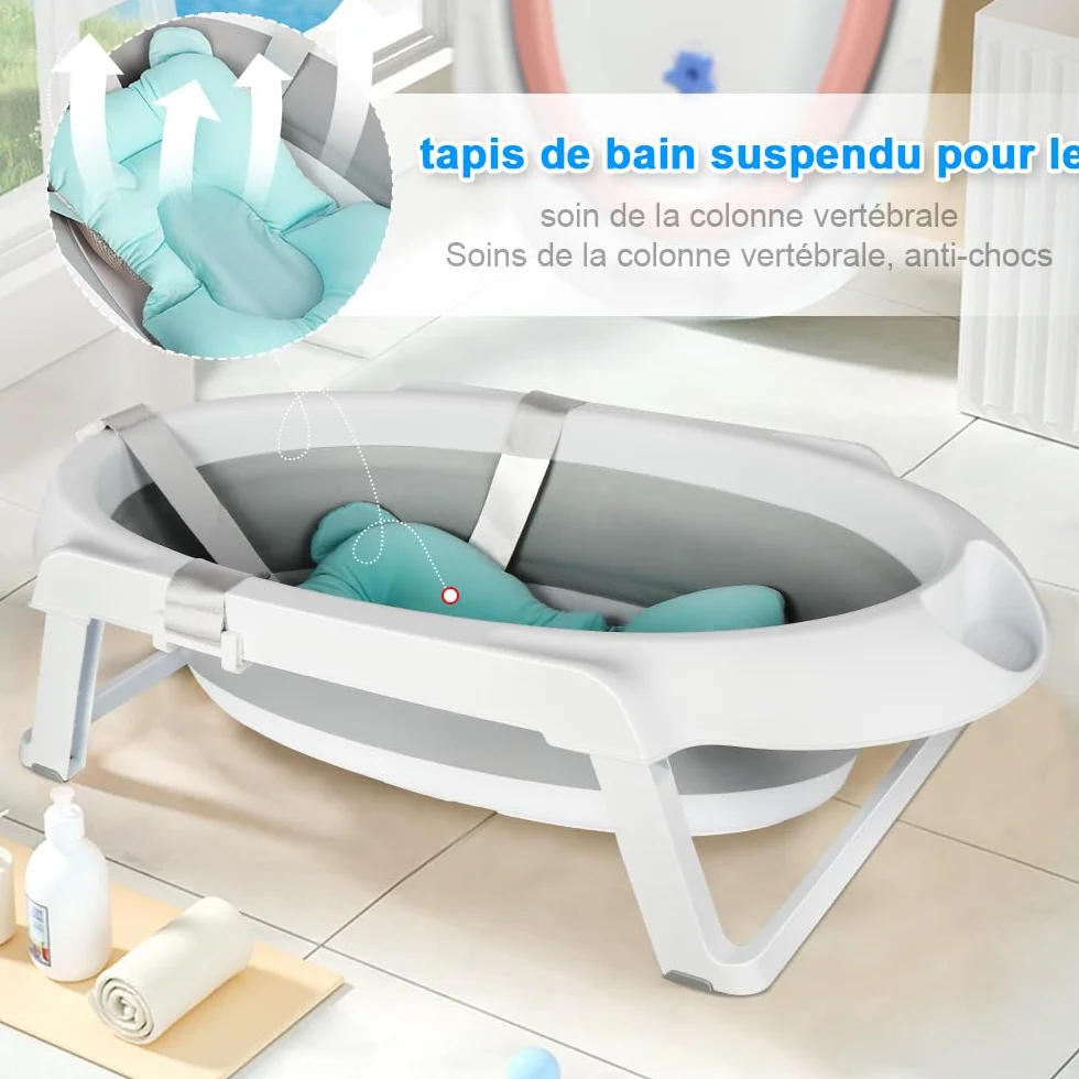 Baignoire Bébé Pliable XXL 2 en 1 sur Pied avec Support, Coussin, Drainage pour Nouveau-nés et Tout-petits (Gris)