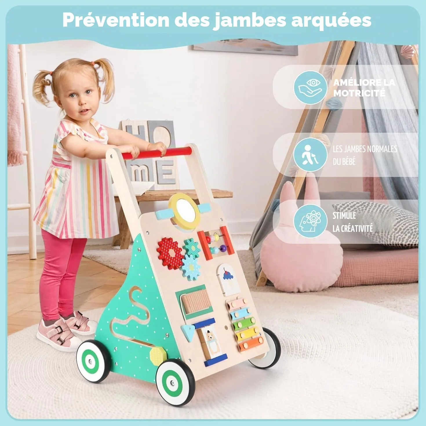 Chariot de Marche en Bois Bébé Trotteur pour Enfant Activité Cadeau Développement Garçons Filles 1-3 ans Multicolore