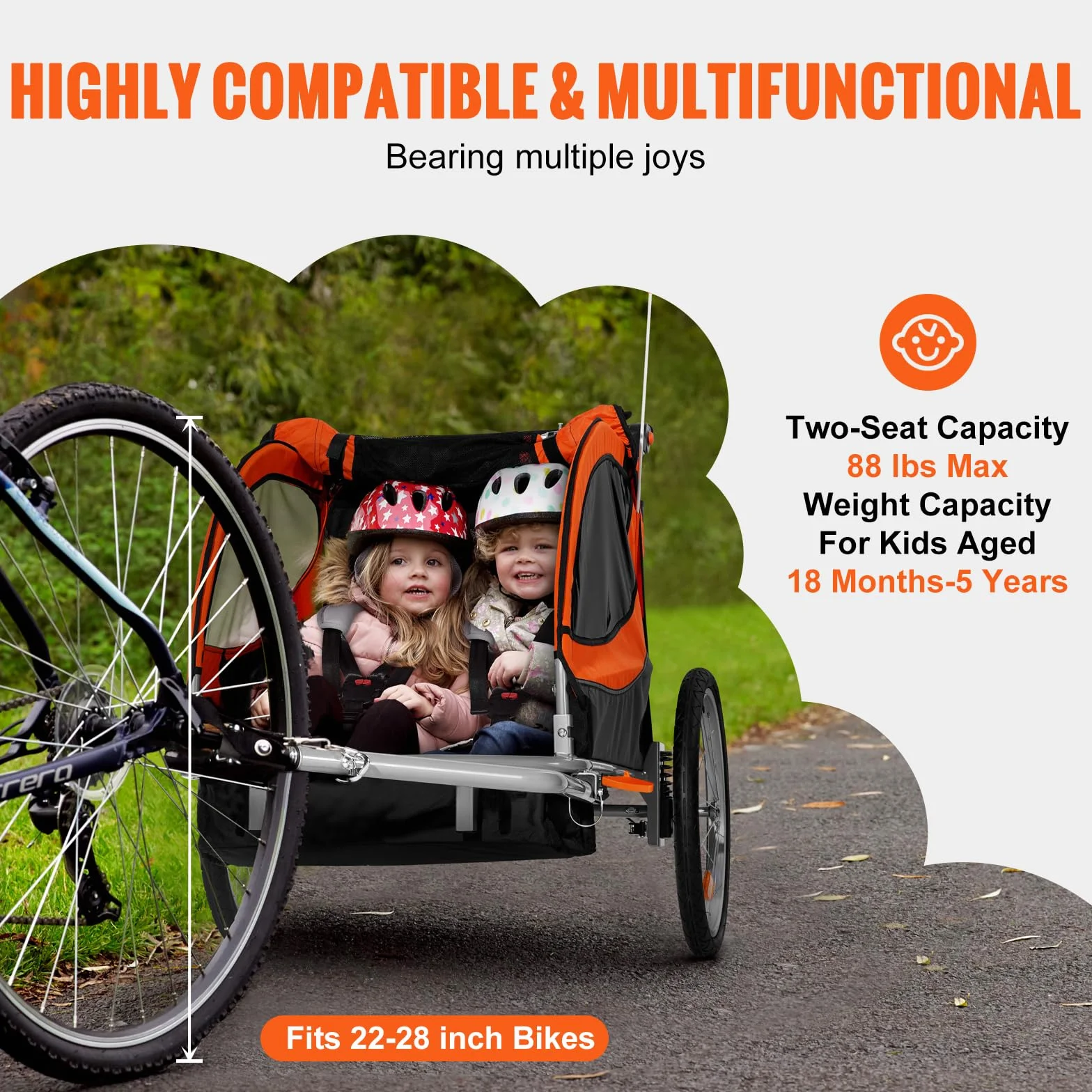 VEVOR Remorque vélo enfants double siège 40 kg 2en1 poussette pliable attelage universel Orange Gris