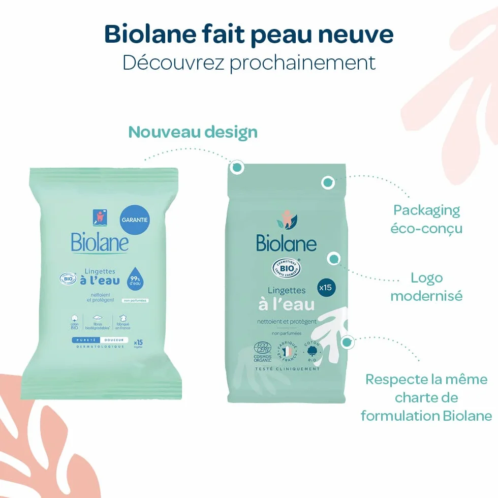 BIOLANE Lingette à l'eau Pocket BIO 15 Lingettes Naturelles 99% Eau Bébé Peaux Sensibles