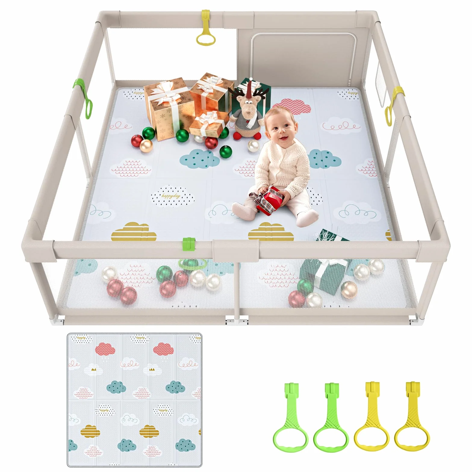 Parc bébé 150 x 150 cm avec tapis, fermeture éclair, 4 anneaux de traction, aire de jeu sécurisée intérieur extérieur