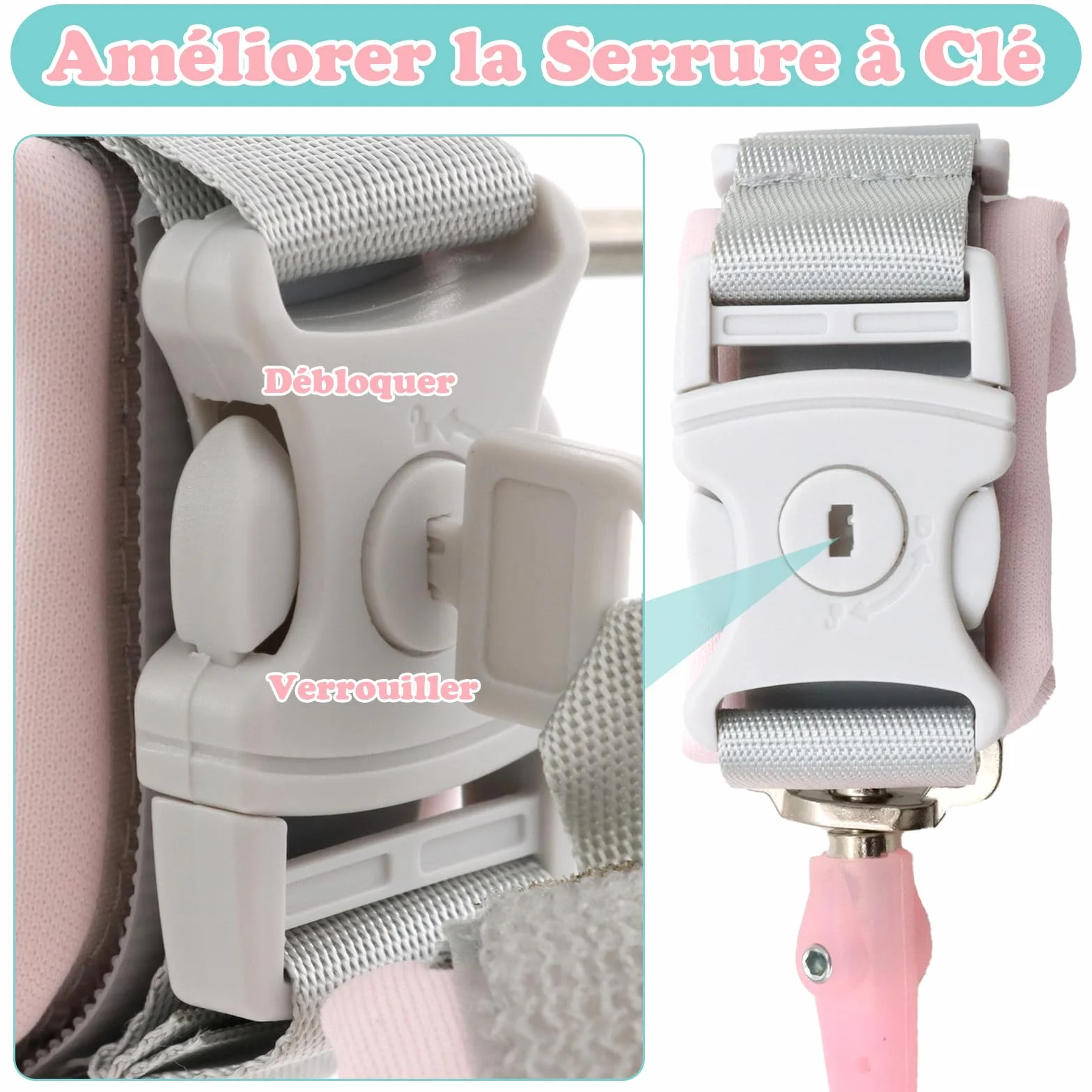 Laisse Enfant Anti-Perte 2,5m Harnais Rotation 360° Serrure à Clé Bracelet Sécurité Réfléchissant Silicone Rose Vert