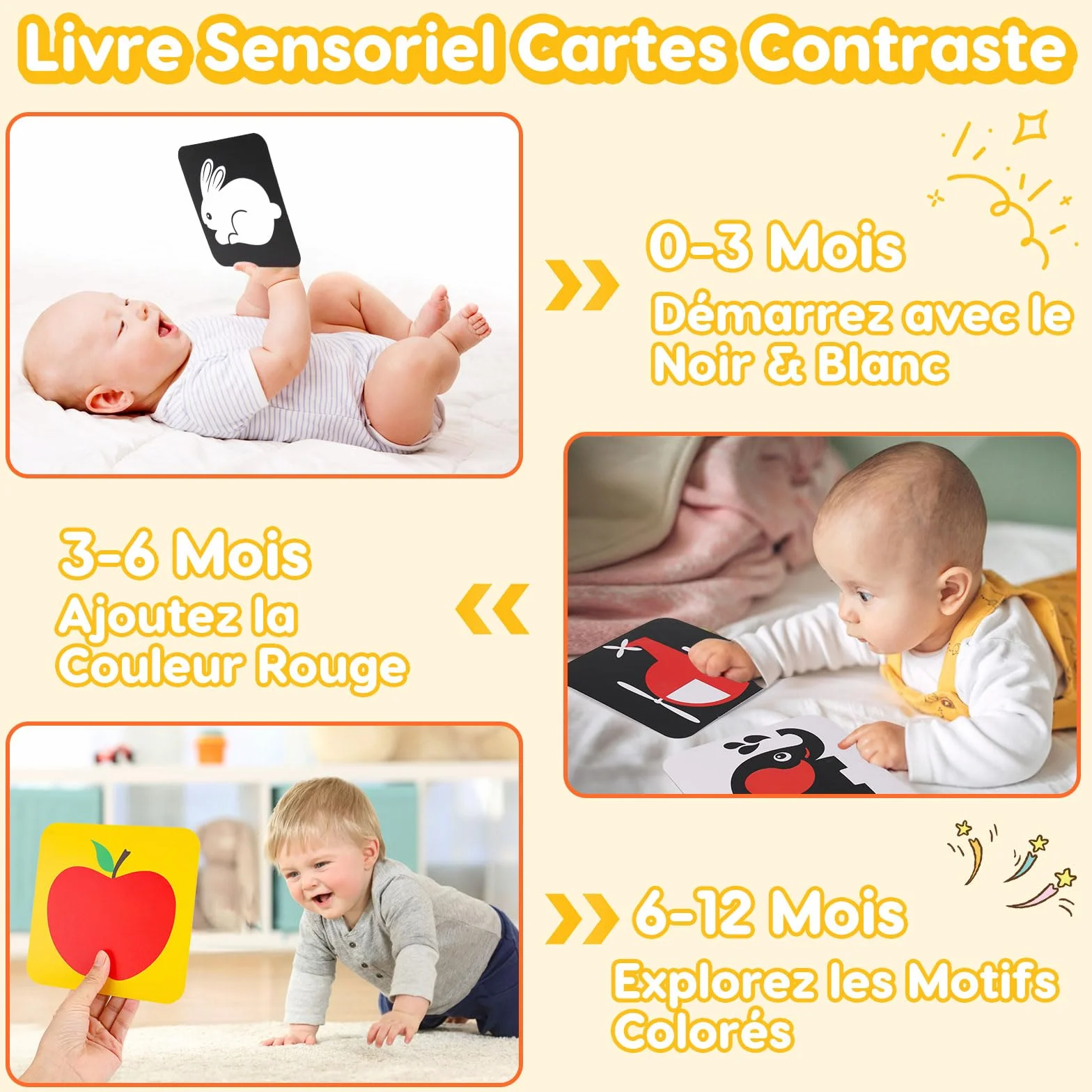 Livre Eveil Bebe 0-6 Mois Noir et Blanc Sensoriel avec Miroir Tummy Time, Carte Contraste Montessori Jeux d’eveil Jouet Cadeau Naissance