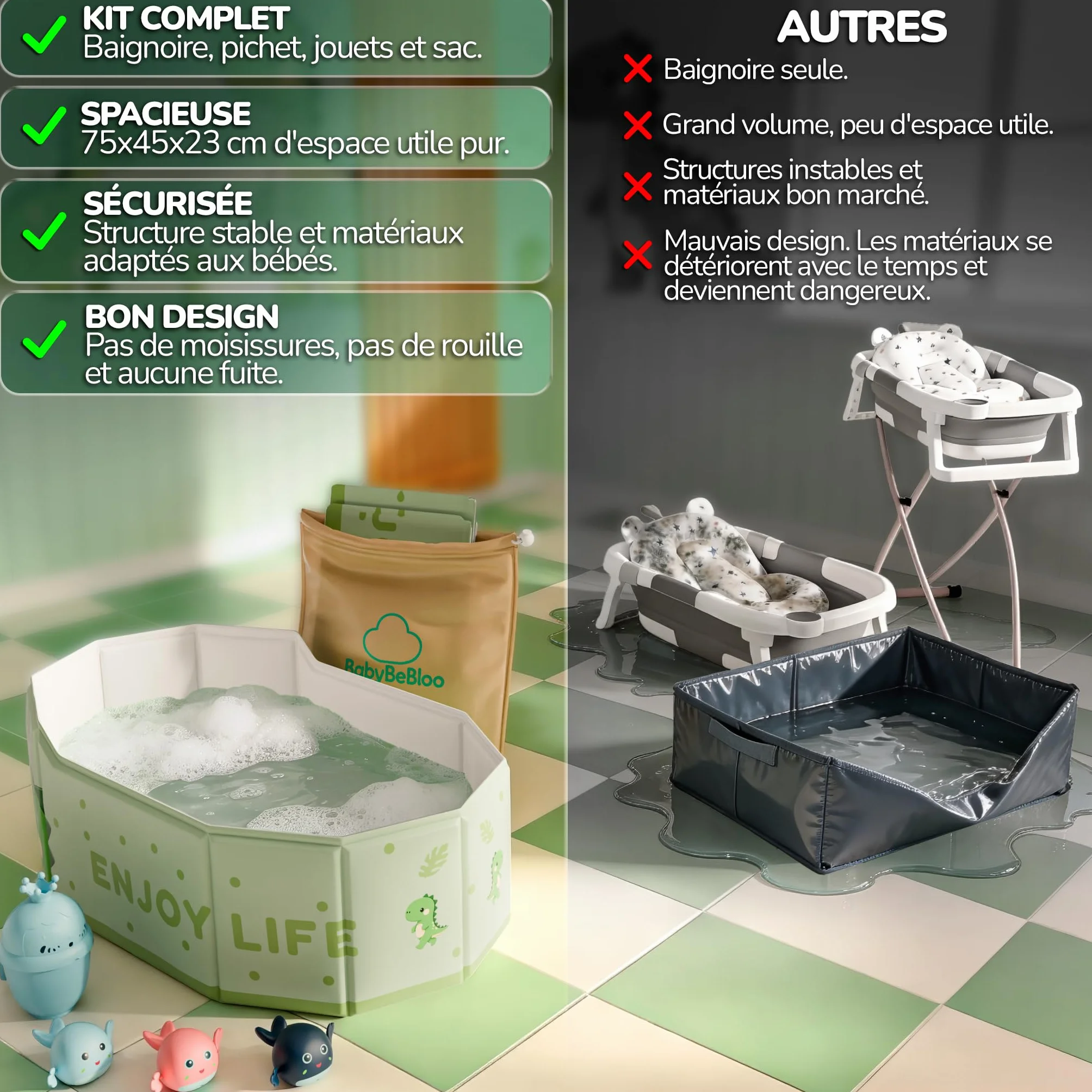 Kit baignoire pliable enfant avec accessoires antidérapante portable xxl