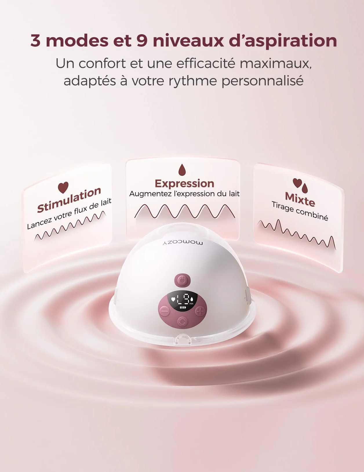 Momcozy M5 Tire-lait Électrique Main Libre, Portable Contrôlé par Application, Sans Fil, 3 Modes 9 Niveaux, Téterelle 24 mm, 2 Pièces
