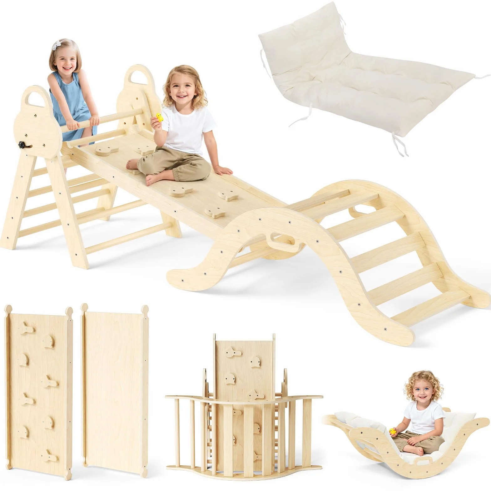 Kit de portique d'escalade Montessori 7 en 1 triangle d'escalade d'intérieur arche avec coussin et toboggan jouet en bois pour 1 à 5 ans