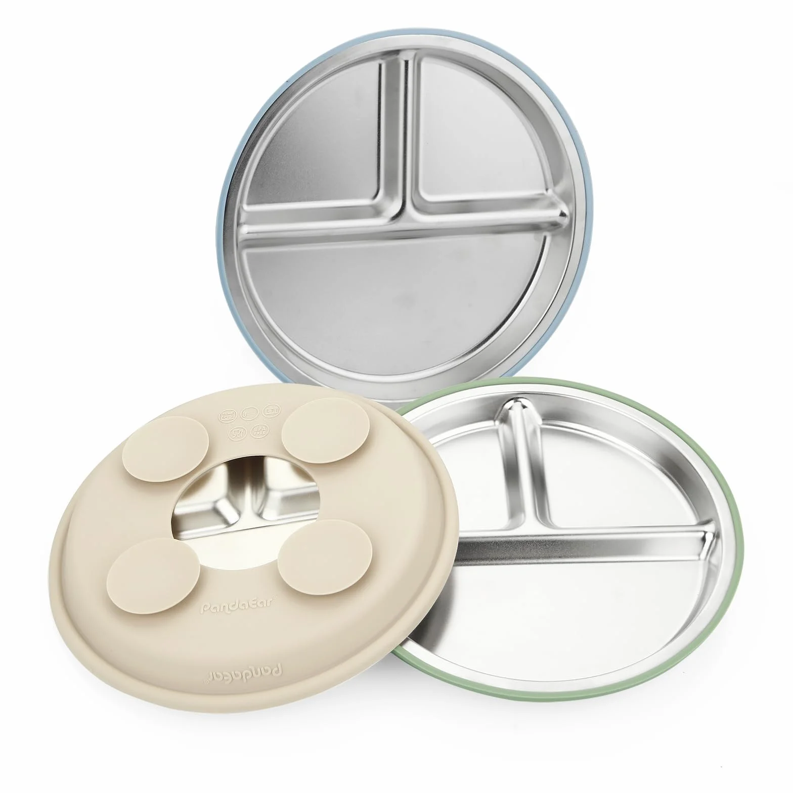 PandaEar Assiettes en Acier Inoxydable avec Suction pour Bébé, Lot de 3, Assiette Divisée pour Enfants, Set de Repas Antidérapant (Bleu)