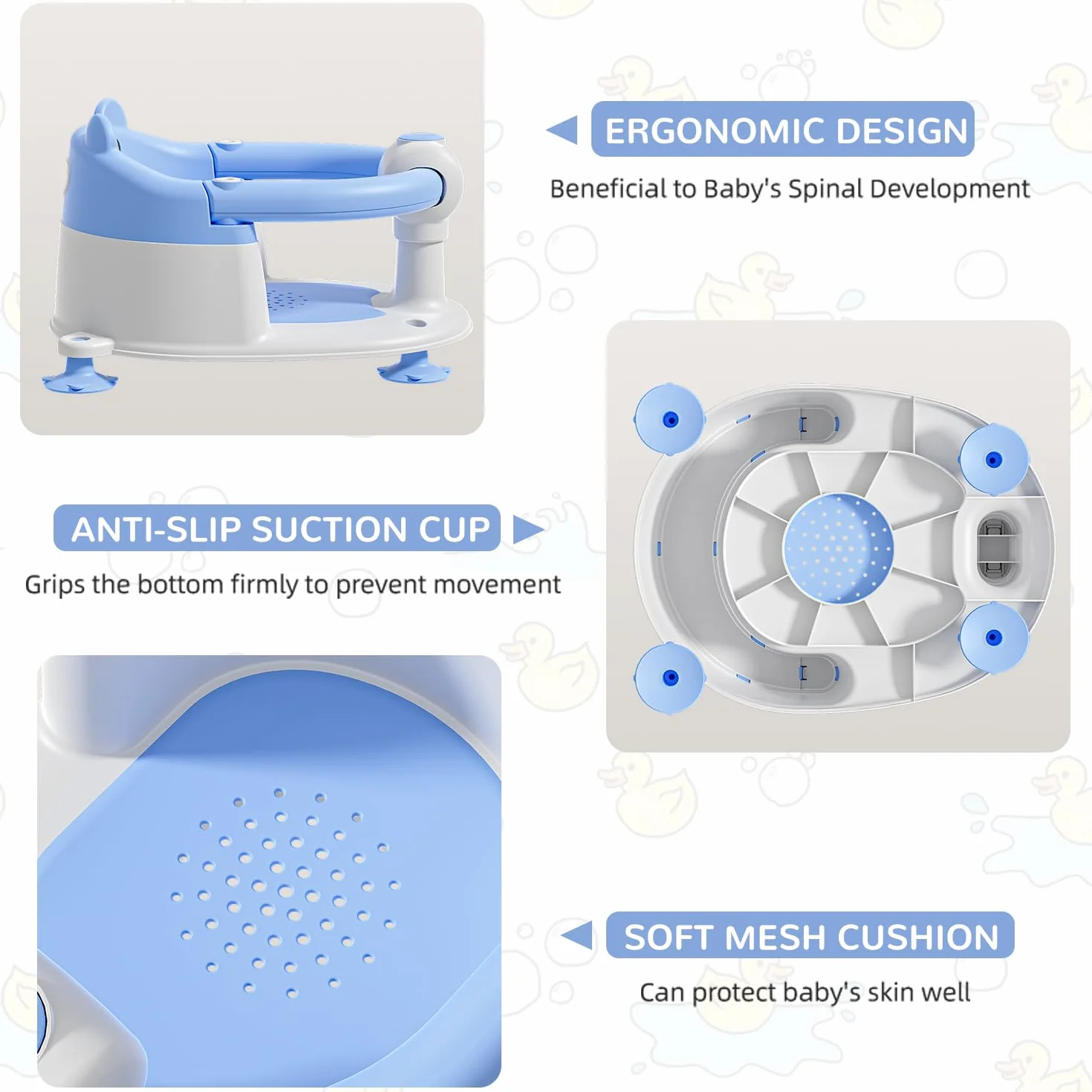 Siège de Bain Bébé 6 Mois Antidérapant 4 Ventouses Coussin Bleu