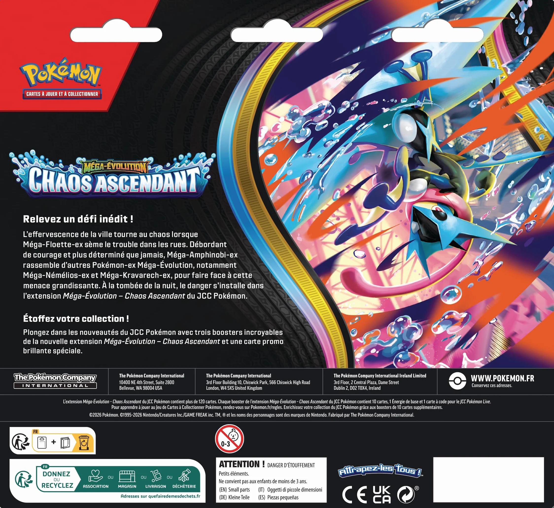 Pokémon Blister Trois boosters Méga-Évolution Chaos Ascendant Carte Promo Brillante