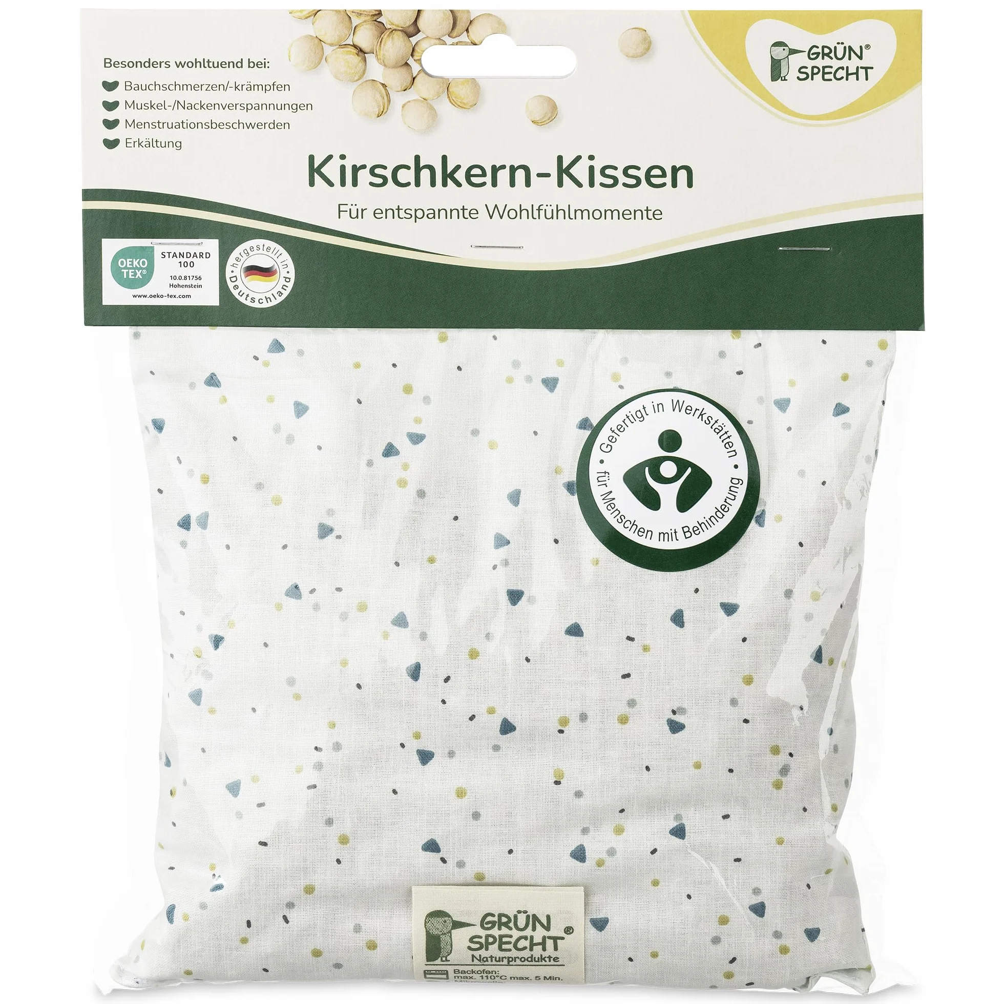 GRÜNSPECHT Coussin chauffant noyaux de cerises 19 x 19 cm Housse coton micro-ondes four vert