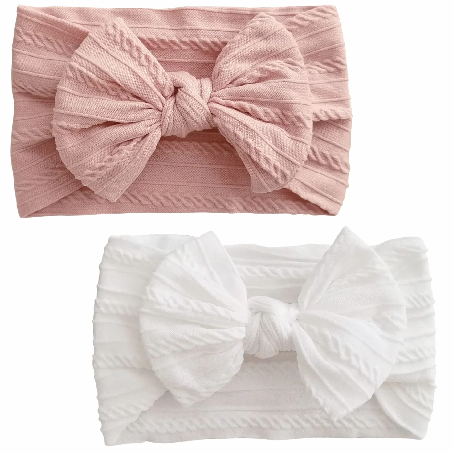 Bandeau Turban Bébé Fille Nylon Élastique Souple Rose Blanc 2 Pièces