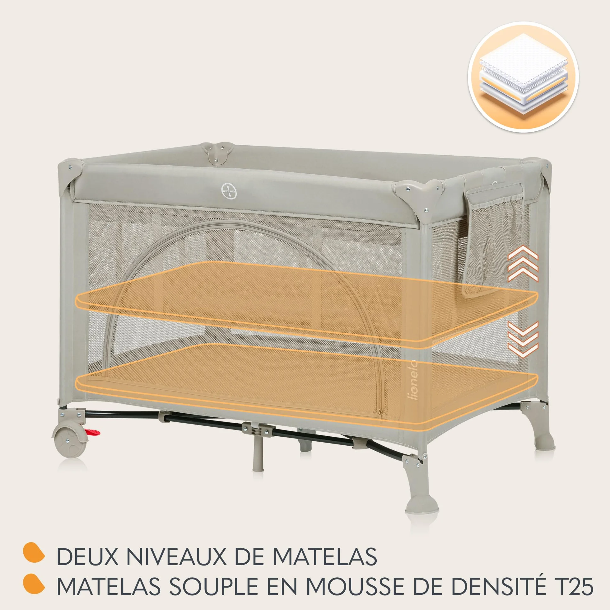 LIONELO LAURA 2en1 Lit de Voyage 15 kg Parc bébé 0-36 mois Matelas Mousse T25 2 Niveaux Hauteur Sac de Voyage Roues Frein Beige