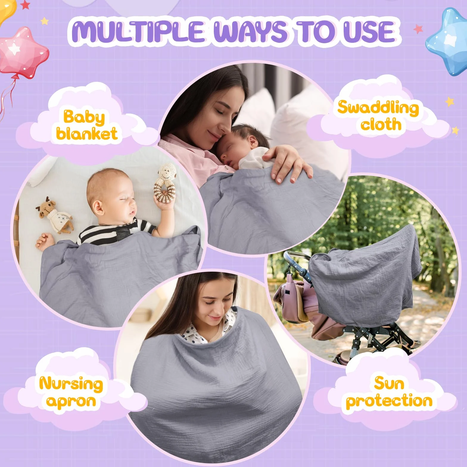 Cape Allaitement Bébé 100% Coton avec Serviette, Doux Respirant Sangles Réglables Gris