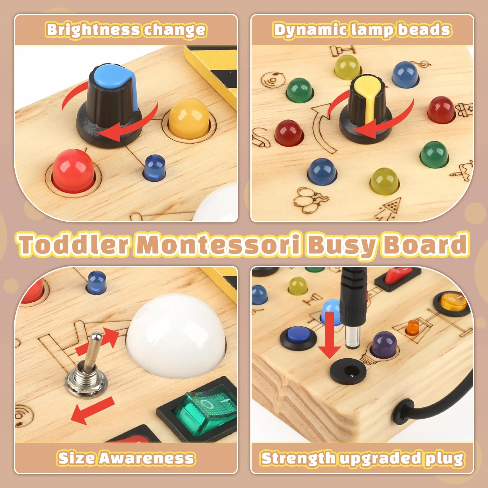 Joyreal Planche Busy Board Montessori en Bois avec 19 LED, Jouet Bebe 1 2 3 Ans, Tableau d'Activité Sensoriel