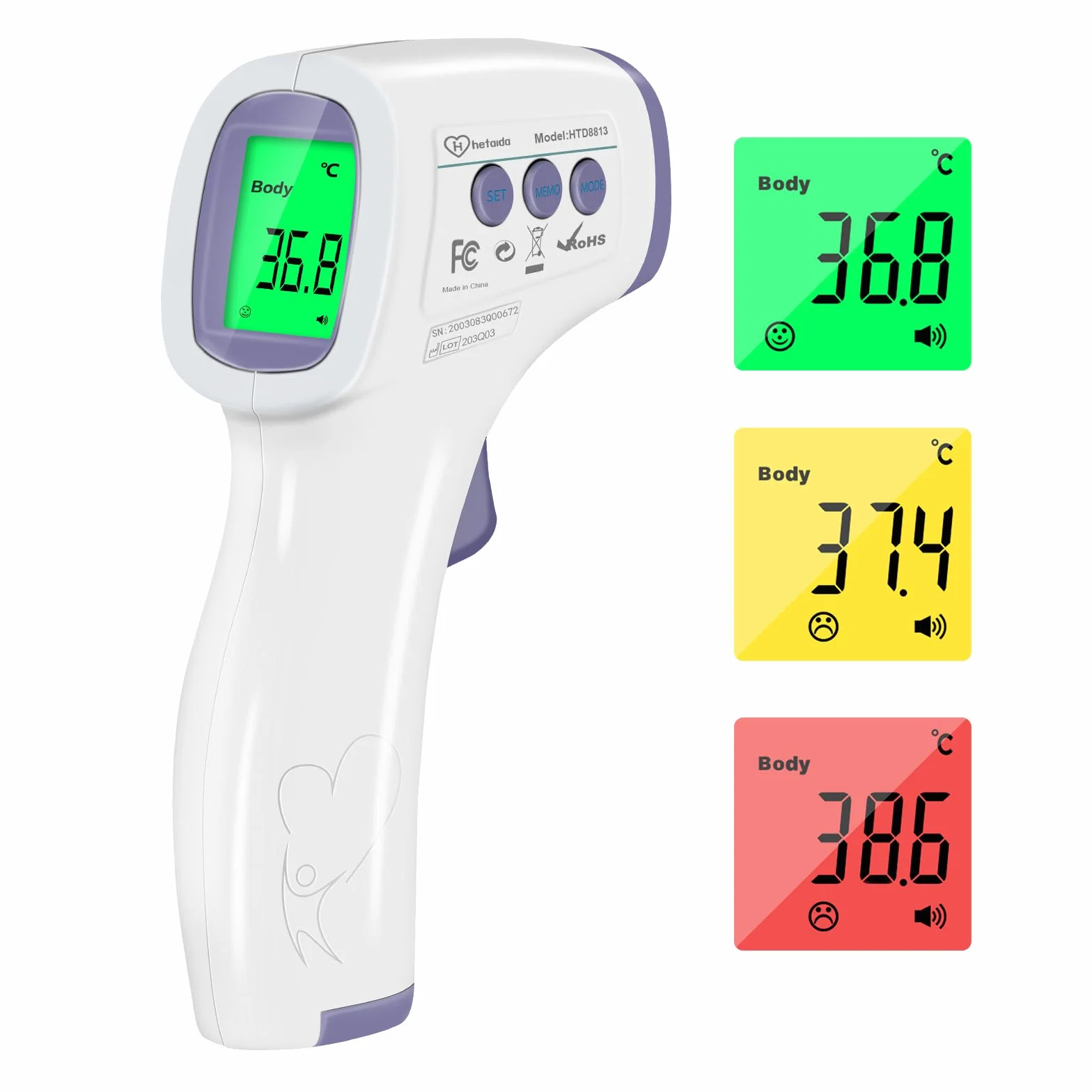Thermomètre Frontal Infrarouge sans Contact Adulte Enfant, Écran LCD, Fonction Mémoire, Alerte Fièvre