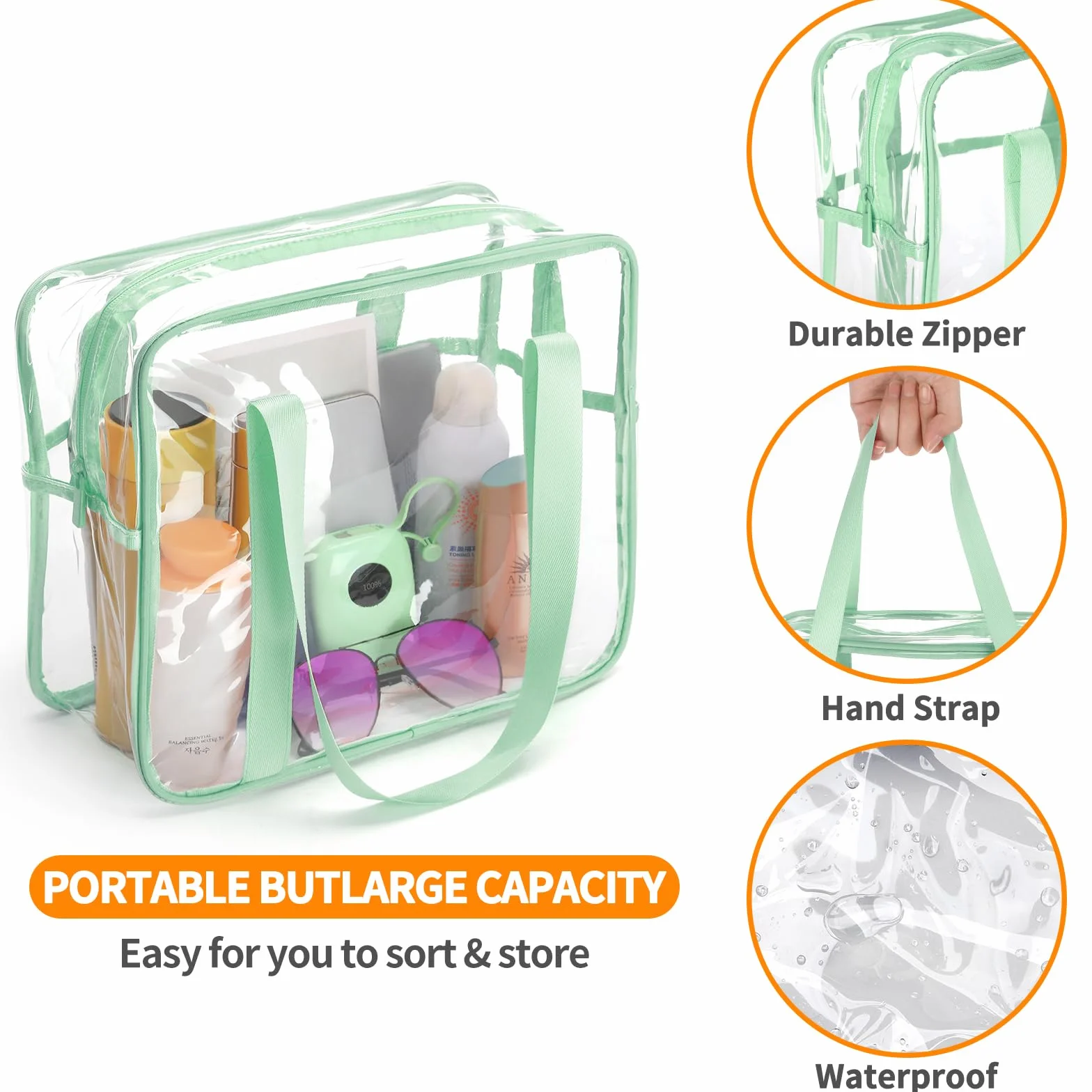 Trousse de maquillage transparente extra large en PVC transparent, étanche, vert